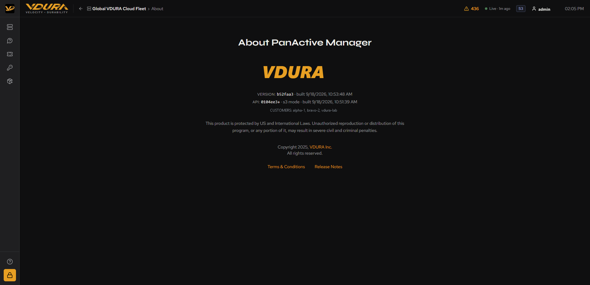 The full About page: About PanActive Manager title, VERSION/API/CUSTOMERS lines, footer links