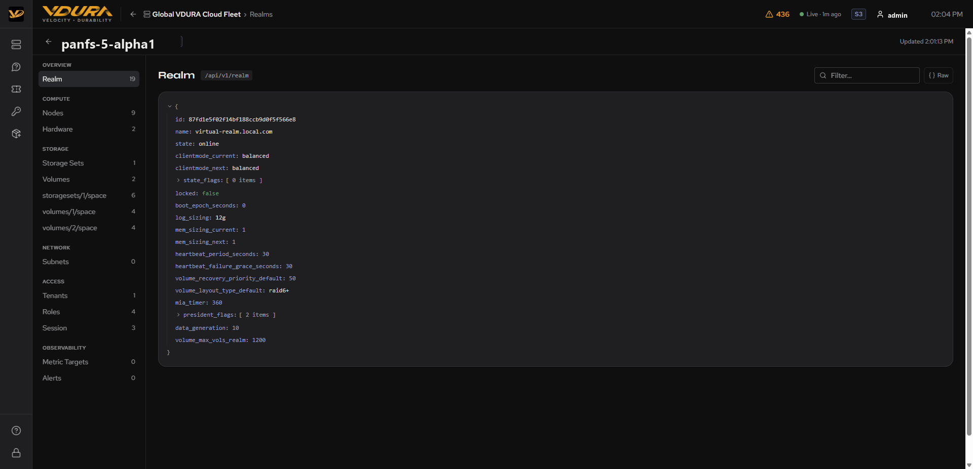 The API Explorer for a realm: category sidebar plus the JSON tree for the Realm category