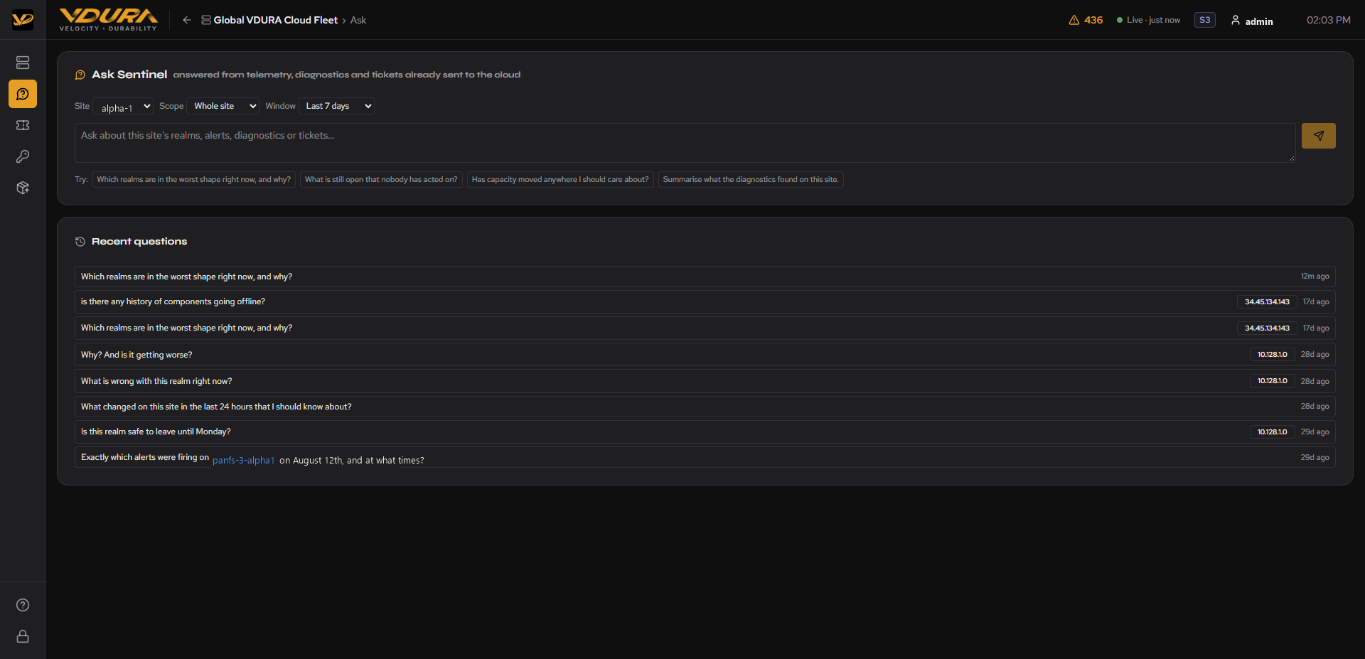 The Ask Sentinel page: Site/Scope/Window dropdowns, ask box, “Try:” suggestions, and Recent Questions