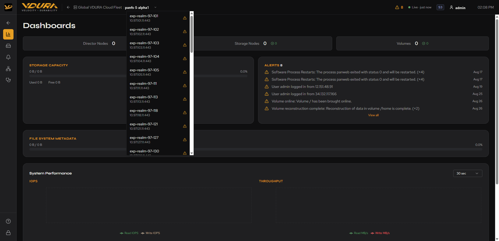 The device view’s realm-switcher dropdown open, showing multiple realms with status icons