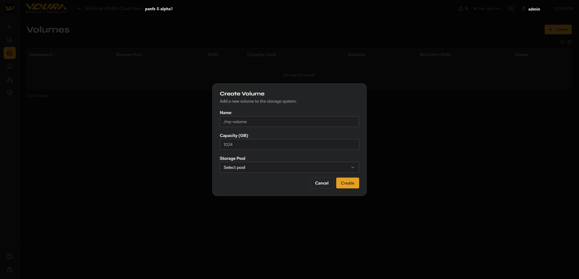 The device view’s Volumes page with the Create Volume modal open