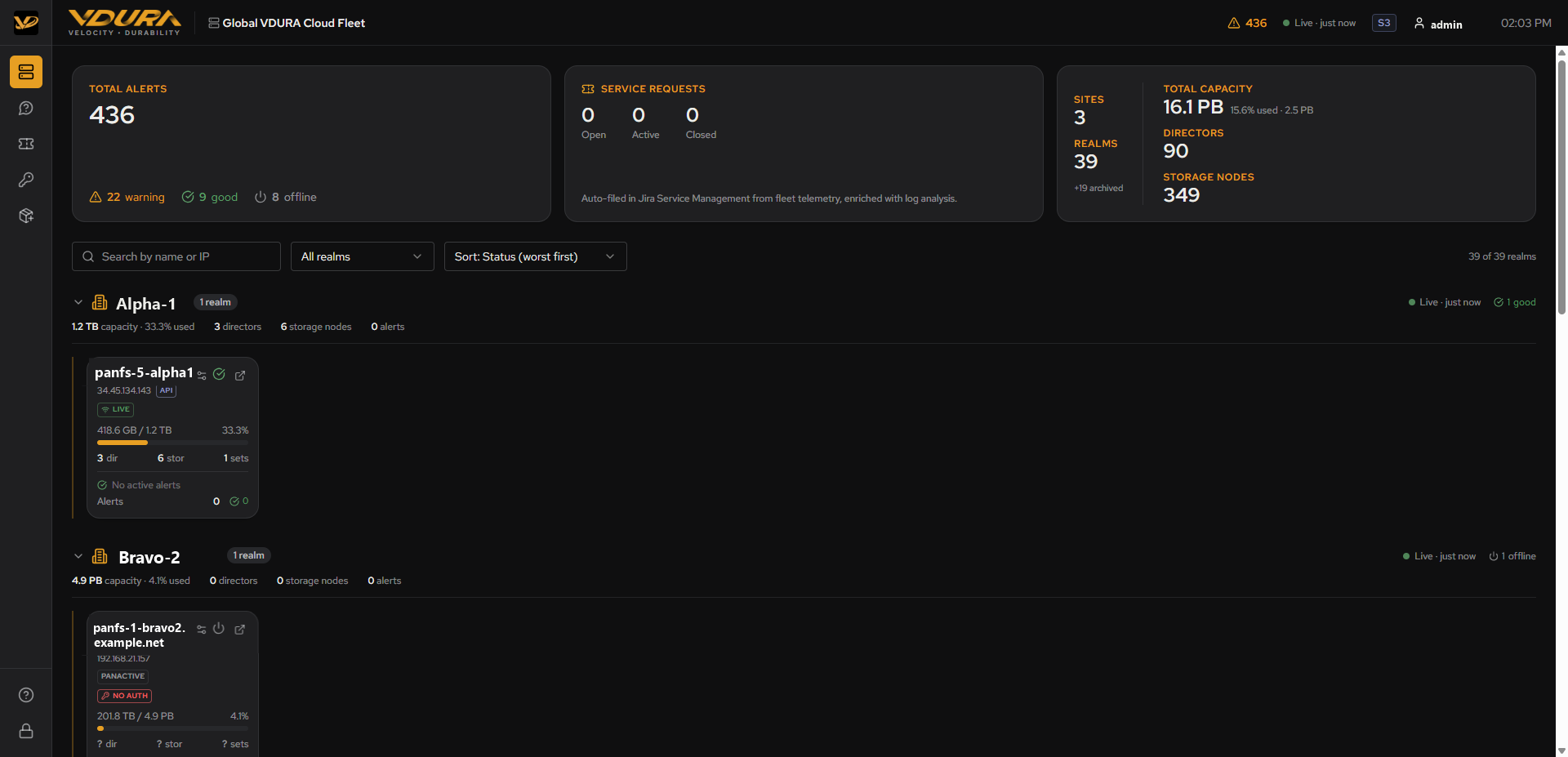 Full top bar (breadcrumb, alert count, freshness indicator, mode badge, user menu, clock) and the global left sidebar icons