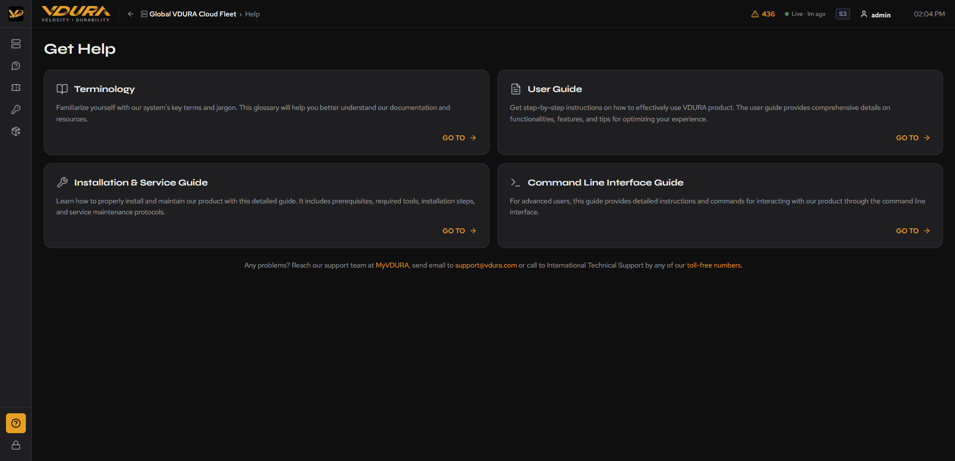 The full Get Help page: four resource cards plus contact footer