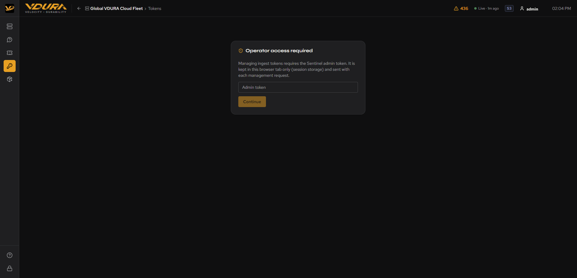 The Operator access required gate screen for Ingest tokens