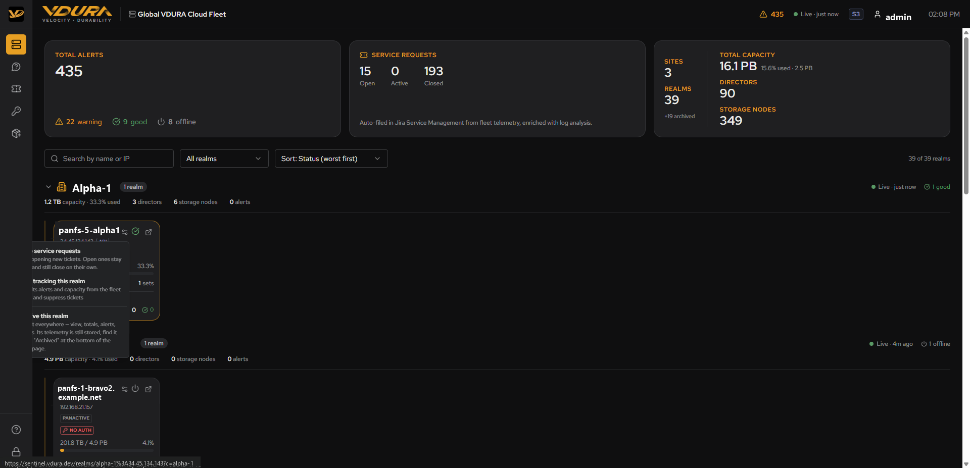 A realm card’s settings menu open, showing Mute service requests / Stop tracking this realm / Archive this realm