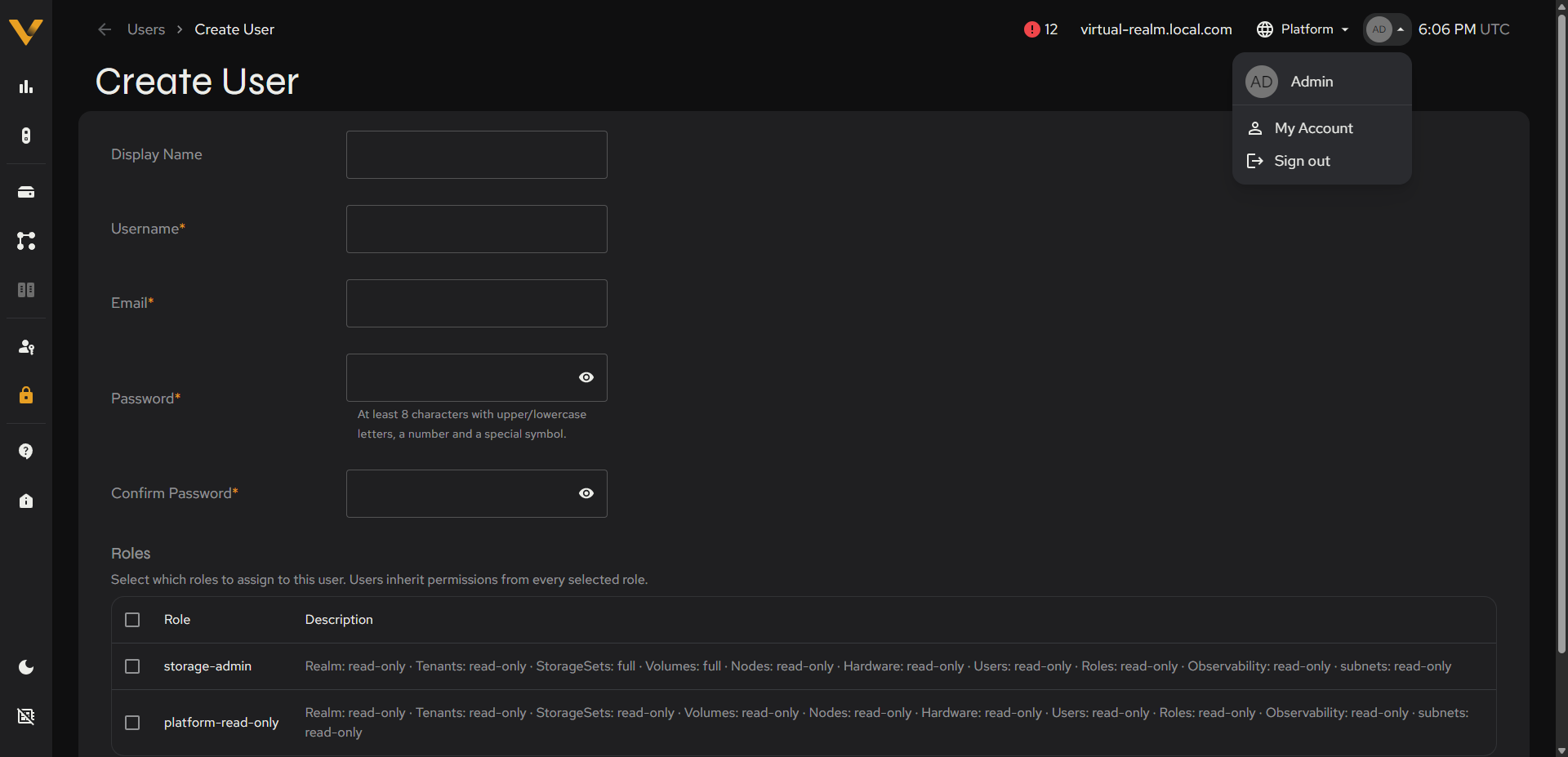 The account dropdown open (Admin/My Account/Sign out)