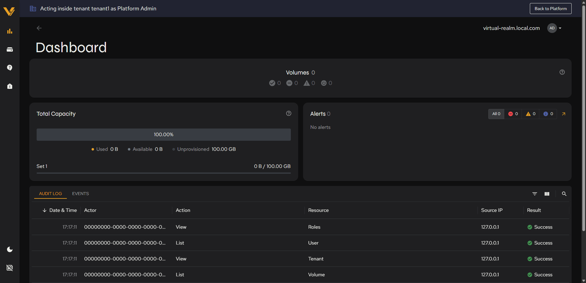 The Acting inside tenant <name> as Platform Admin banner and reduced sidebar