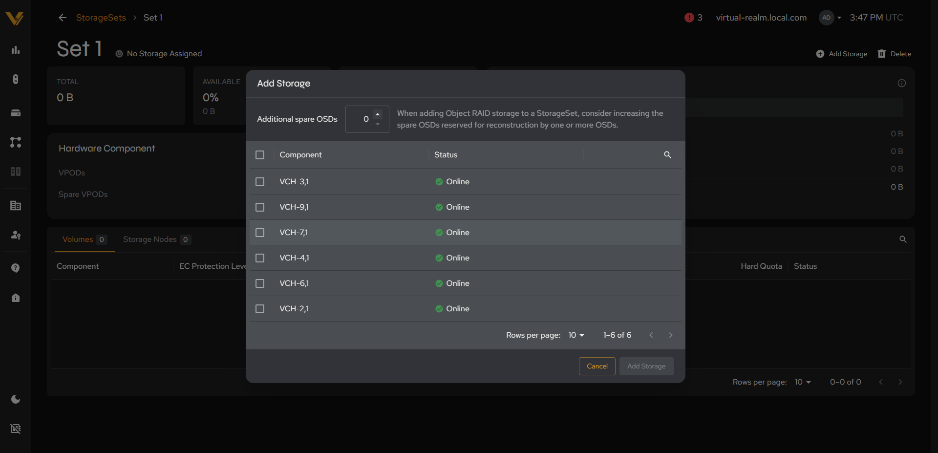 The Add Storage modal’s node picker populated with unassigned Storage Nodes