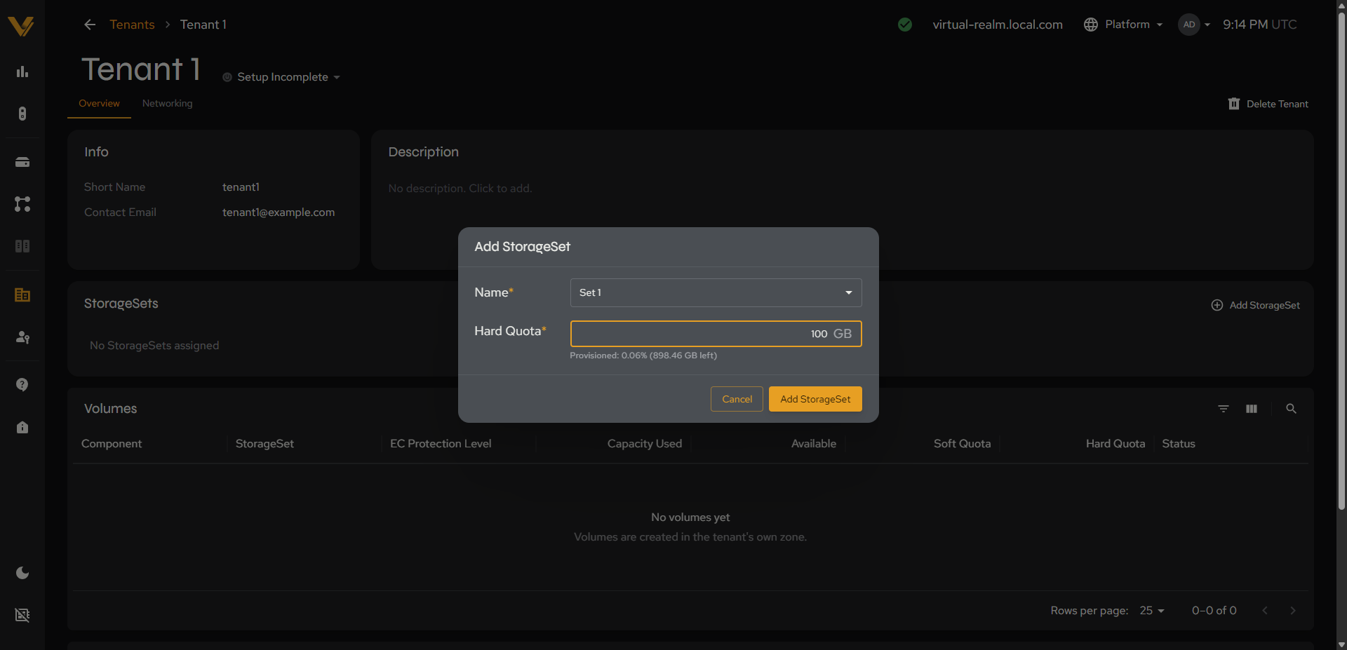 The ‘Add StorageSet’ modal: Name dropdown (with capacities) + required Hard Quota