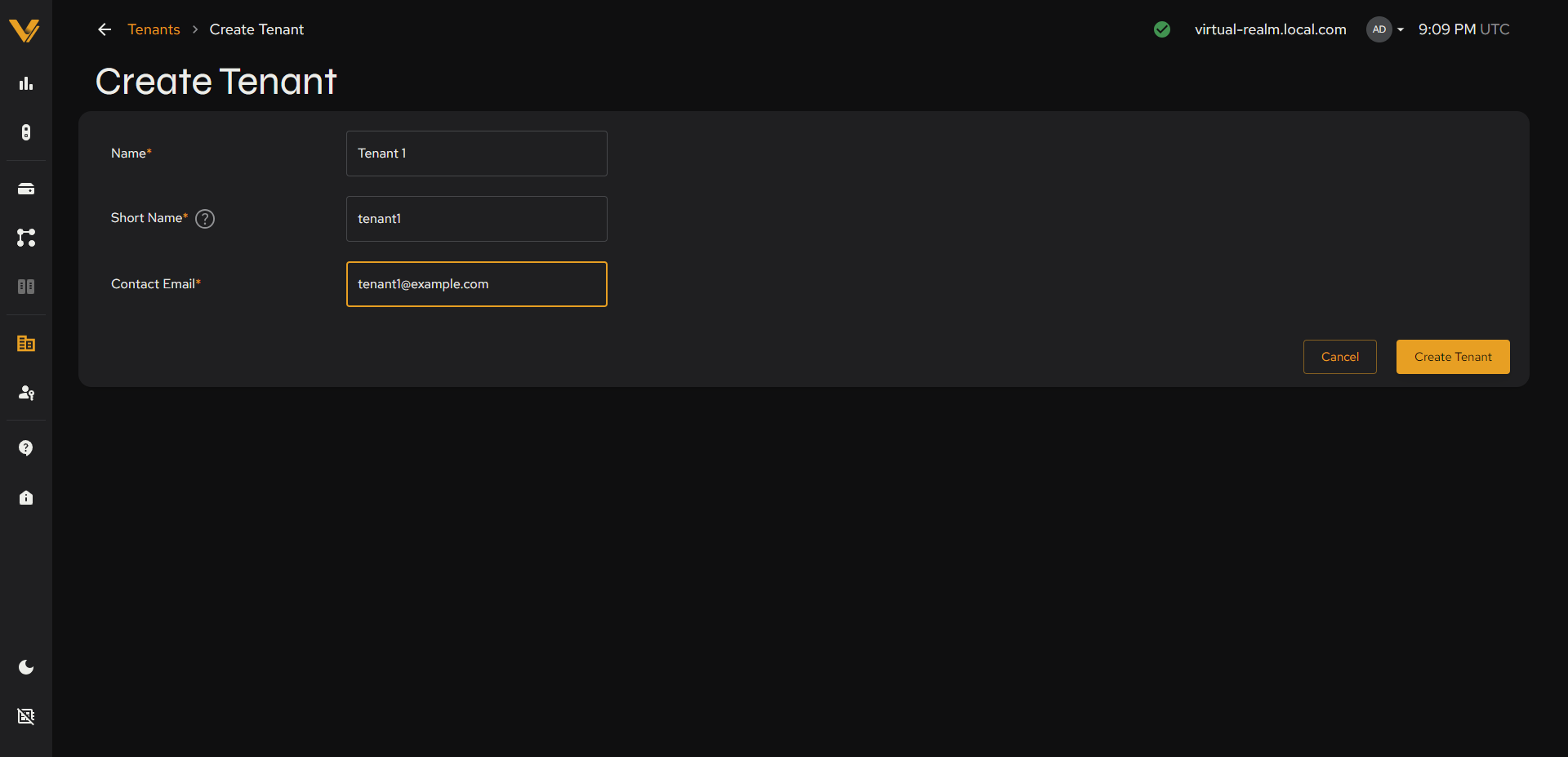 The Create Tenant form filled in before submitting