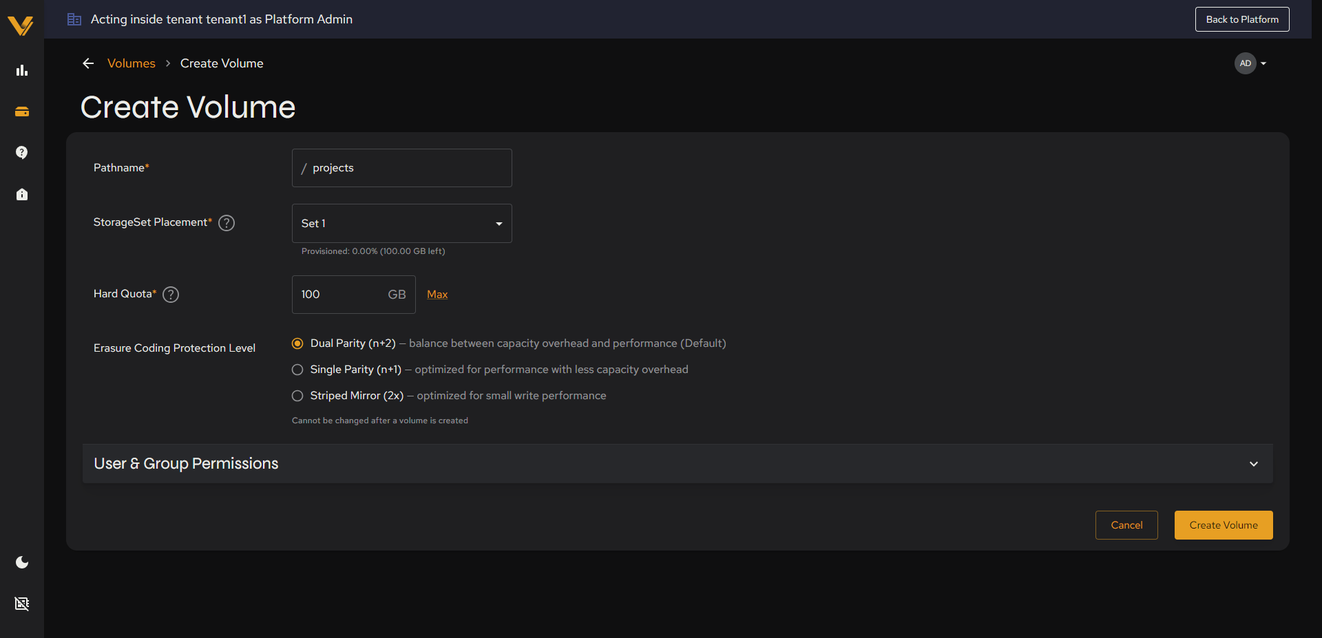 Create Volume while acting inside a tenant: required Hard Quota with the Max link, StorageSet labeled with its quota