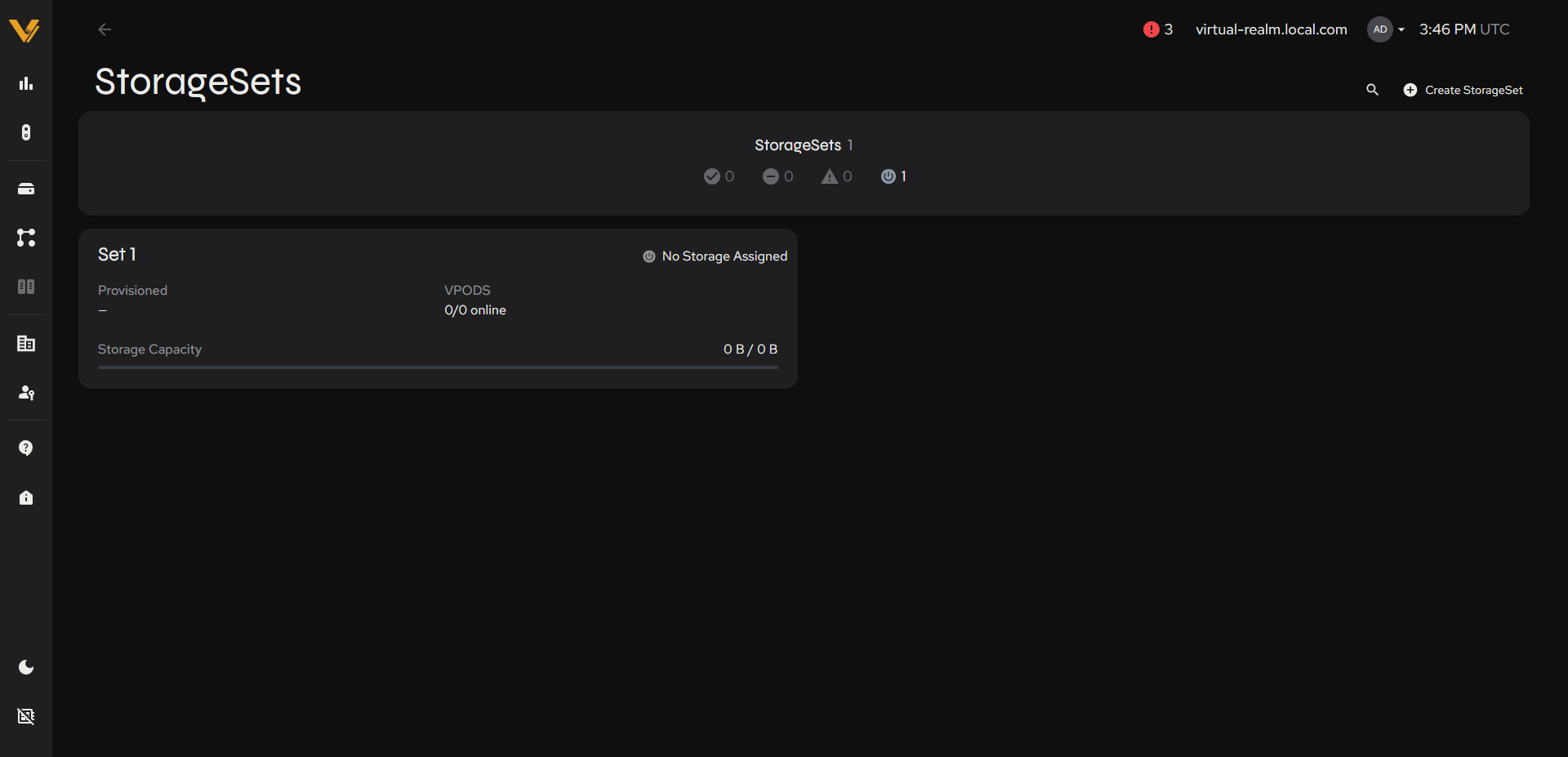 StorageSets list on a freshly initialized realm: a single empty shell, no active StorageSets yet