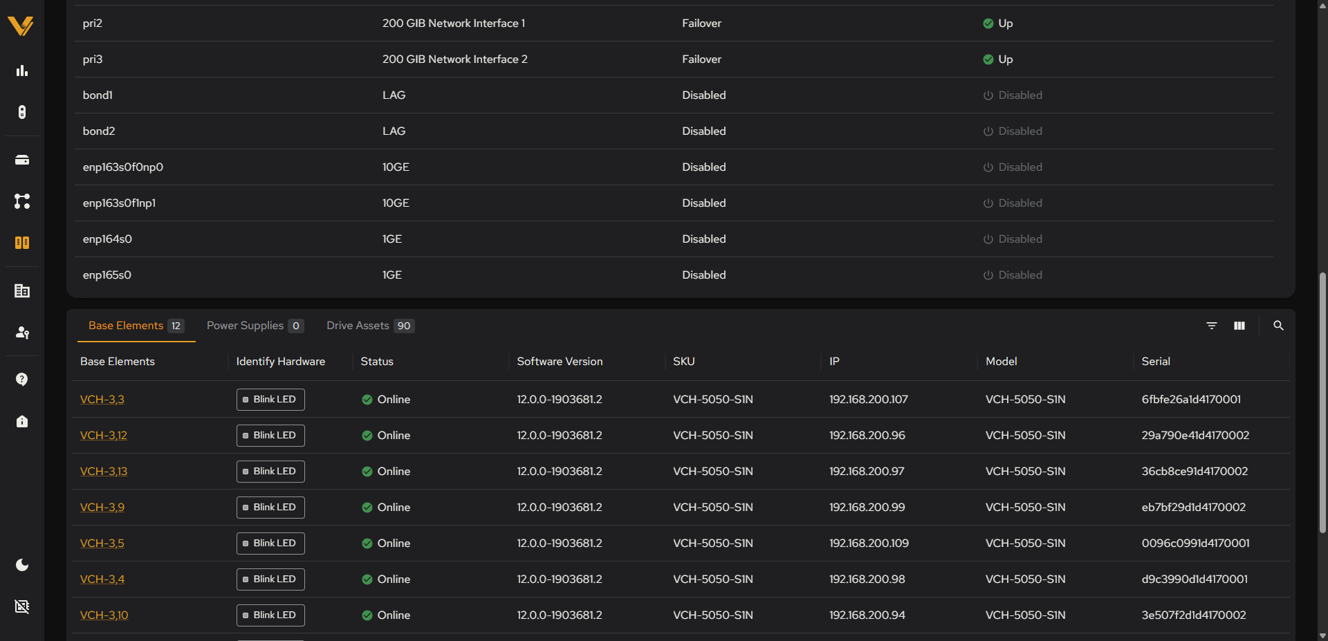 Storage chassis detail page scrolled down to the tabs, with the Base Elements tab open
