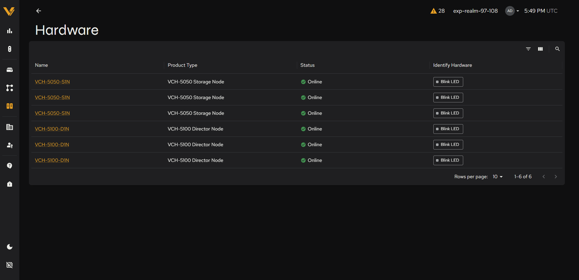 Hardware list showing Storage and Director chassis rows