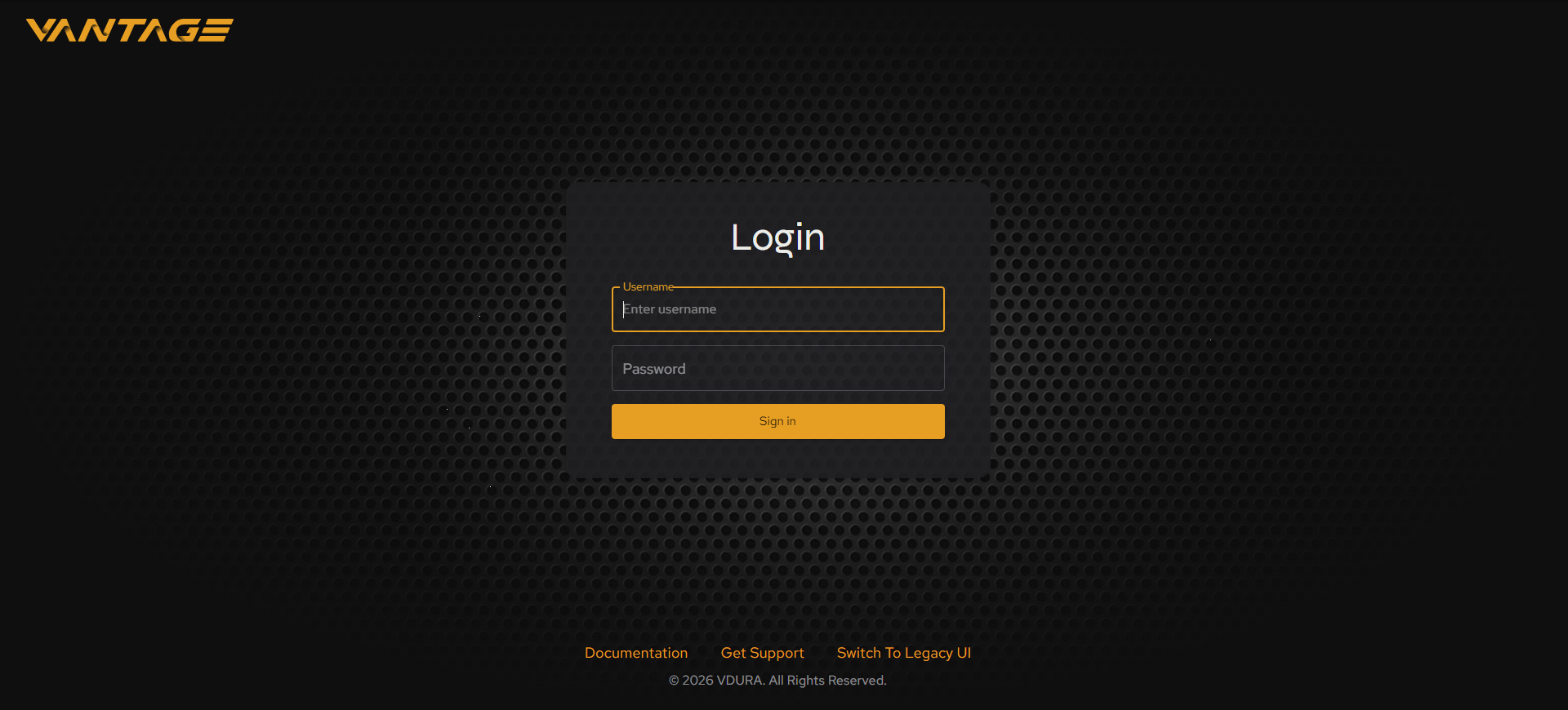 The Login page: Vantage wordmark, centered Username/Password form, Sign in button, and footer links