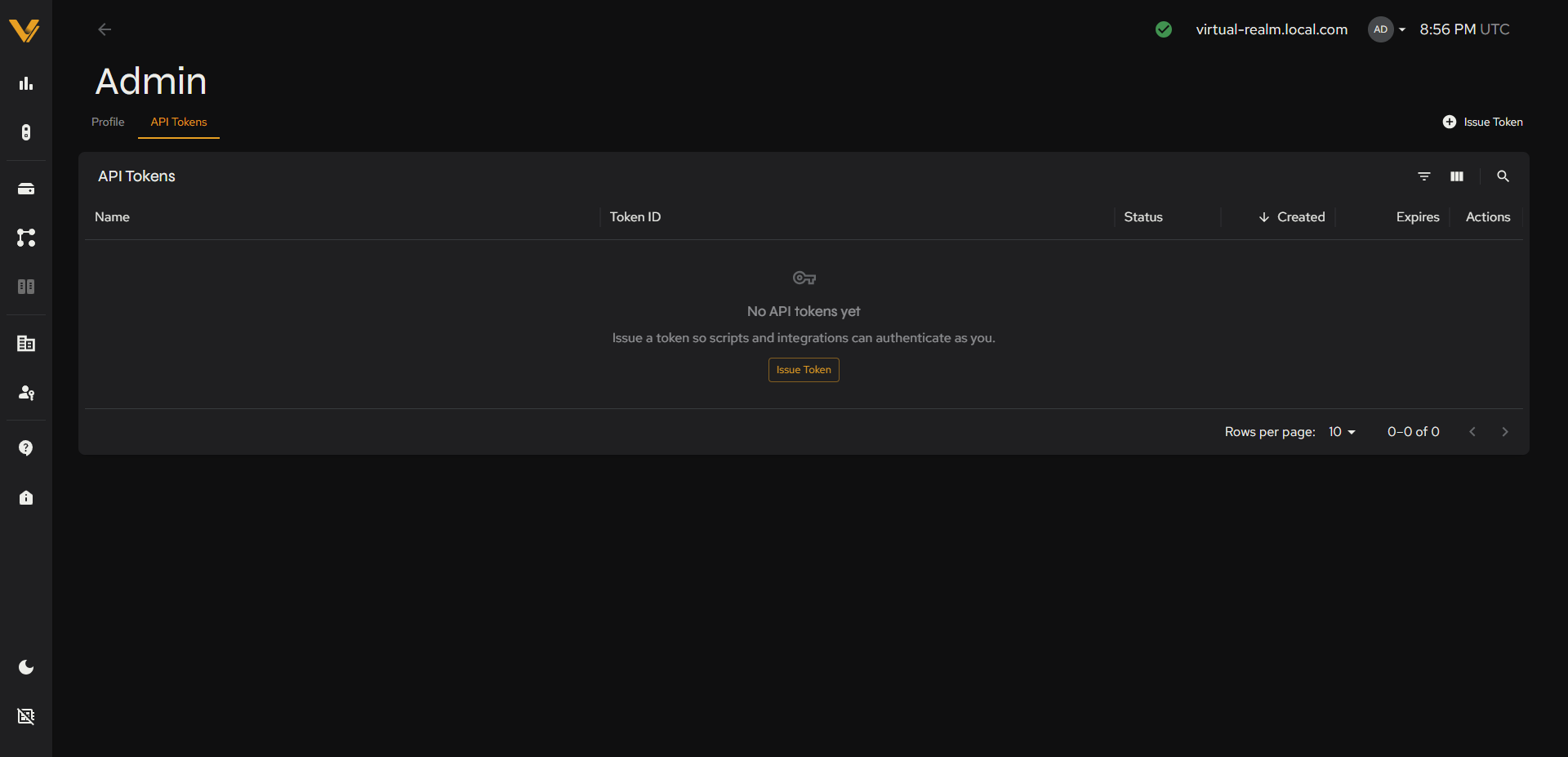 The My Account API Tokens tab