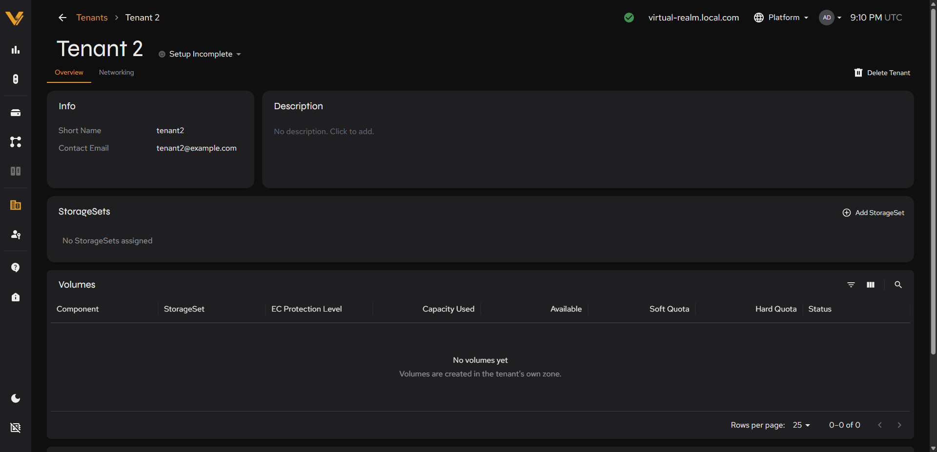 A brand-new tenant’s detail page: ‘No StorageSets assigned’ + the + Add StorageSet button