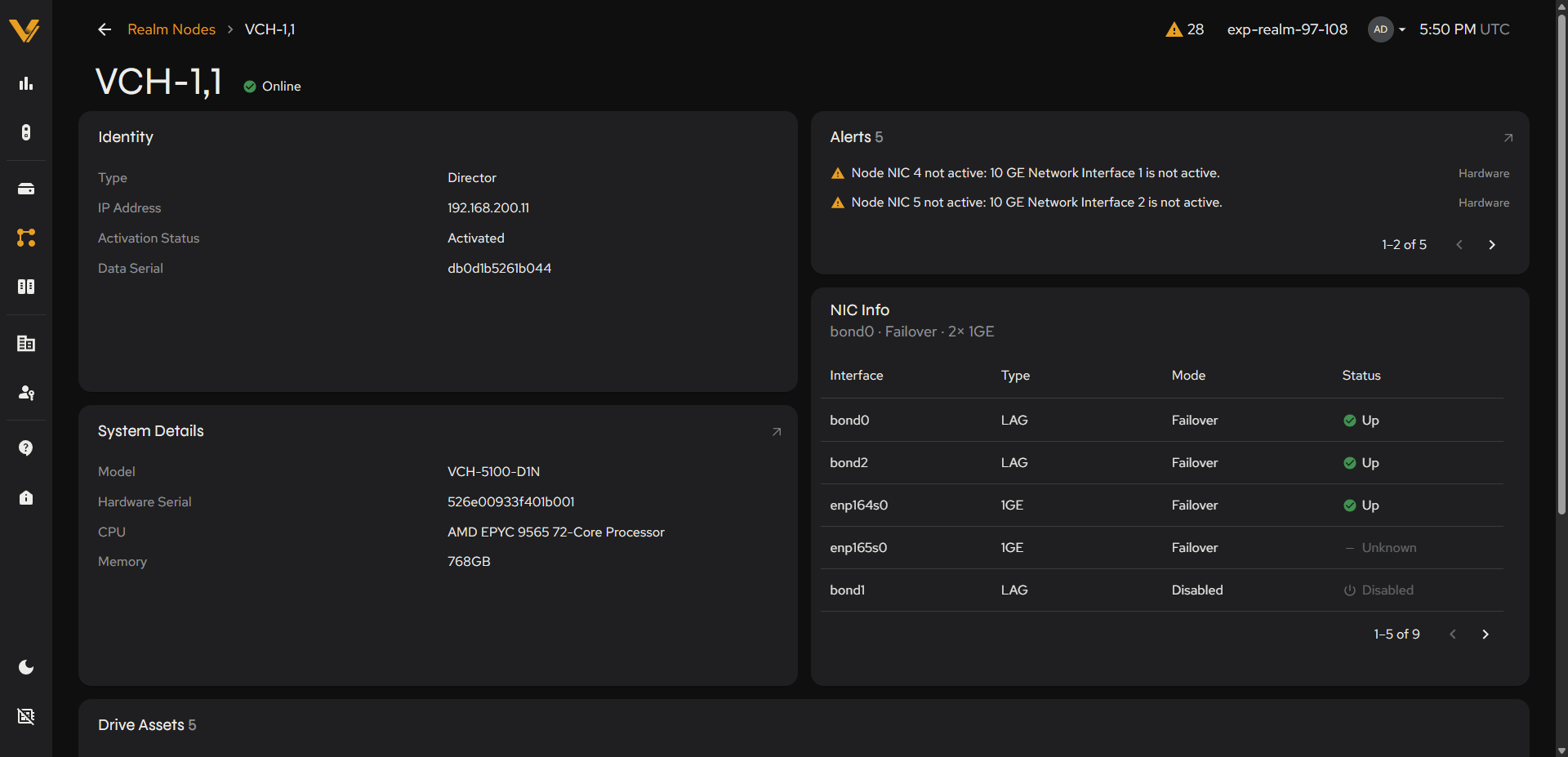 Detail page for a Director Node (Identity/System Details/Alerts/NIC Info, with Drive Assets below)