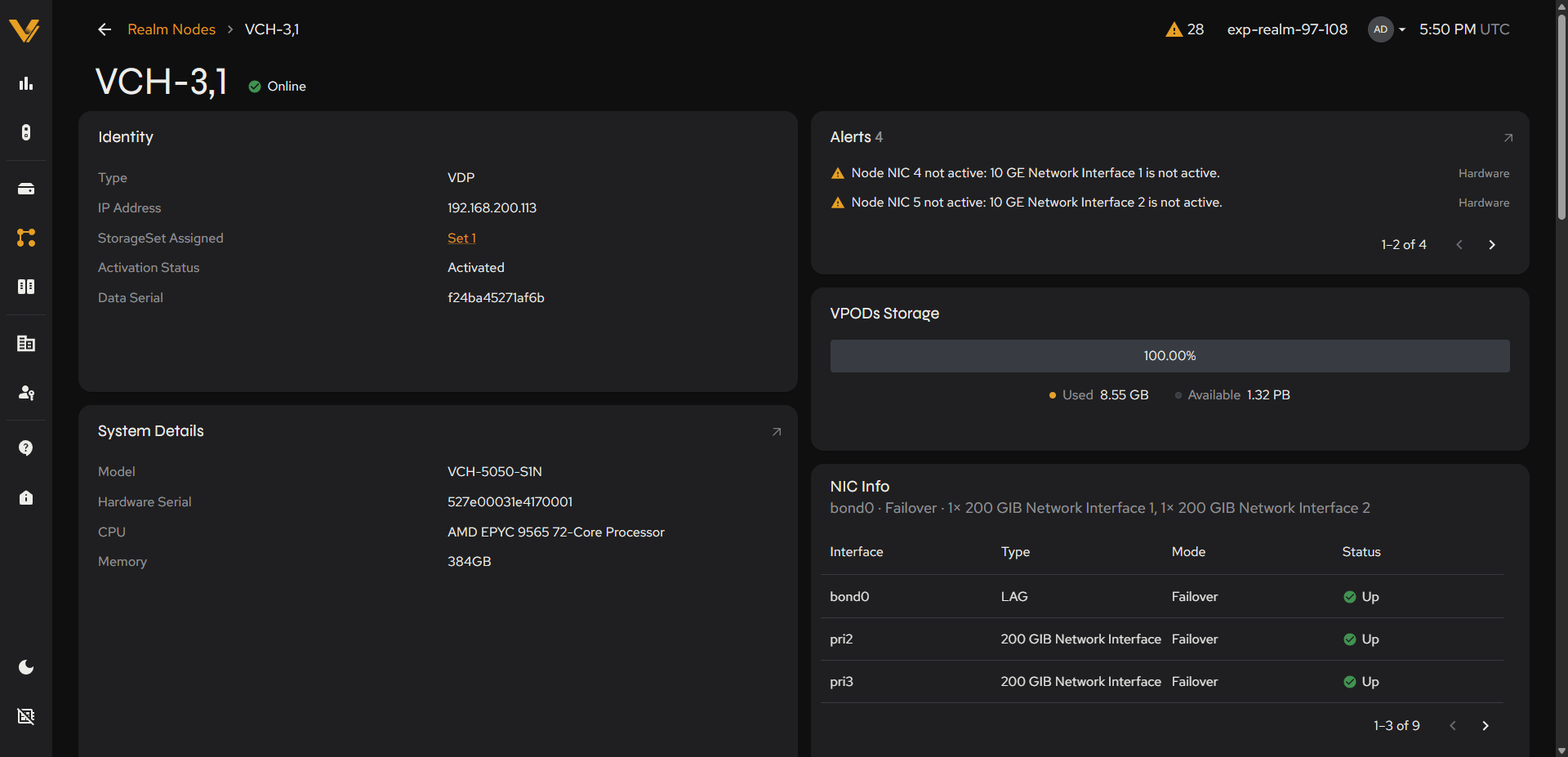 Detail page for a VDP Node (Identity/System Details/Alerts/VPODs Storage/NIC Info)