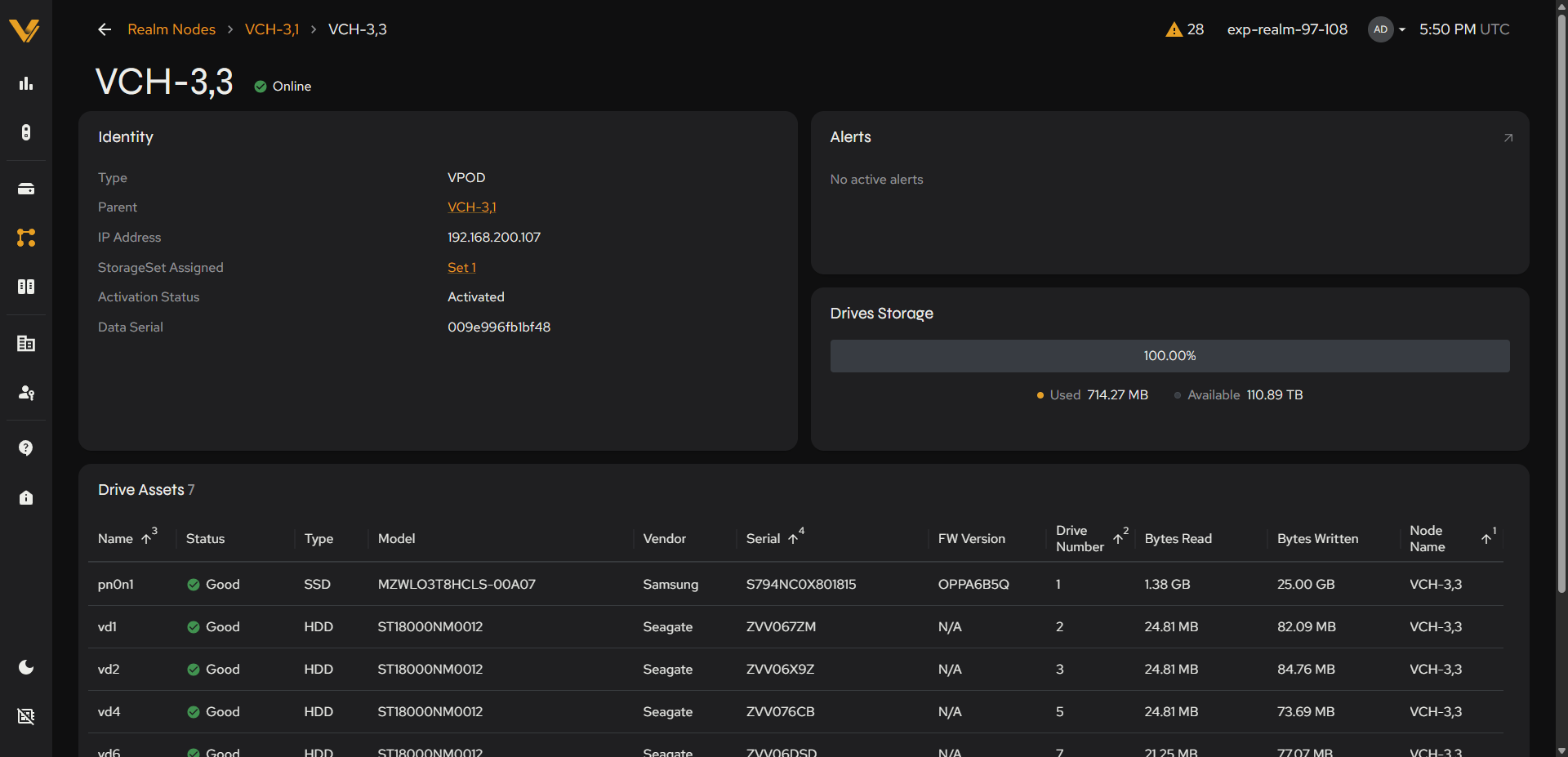 Realm Node detail page showing the Parent field and chassis-level breadcrumb
