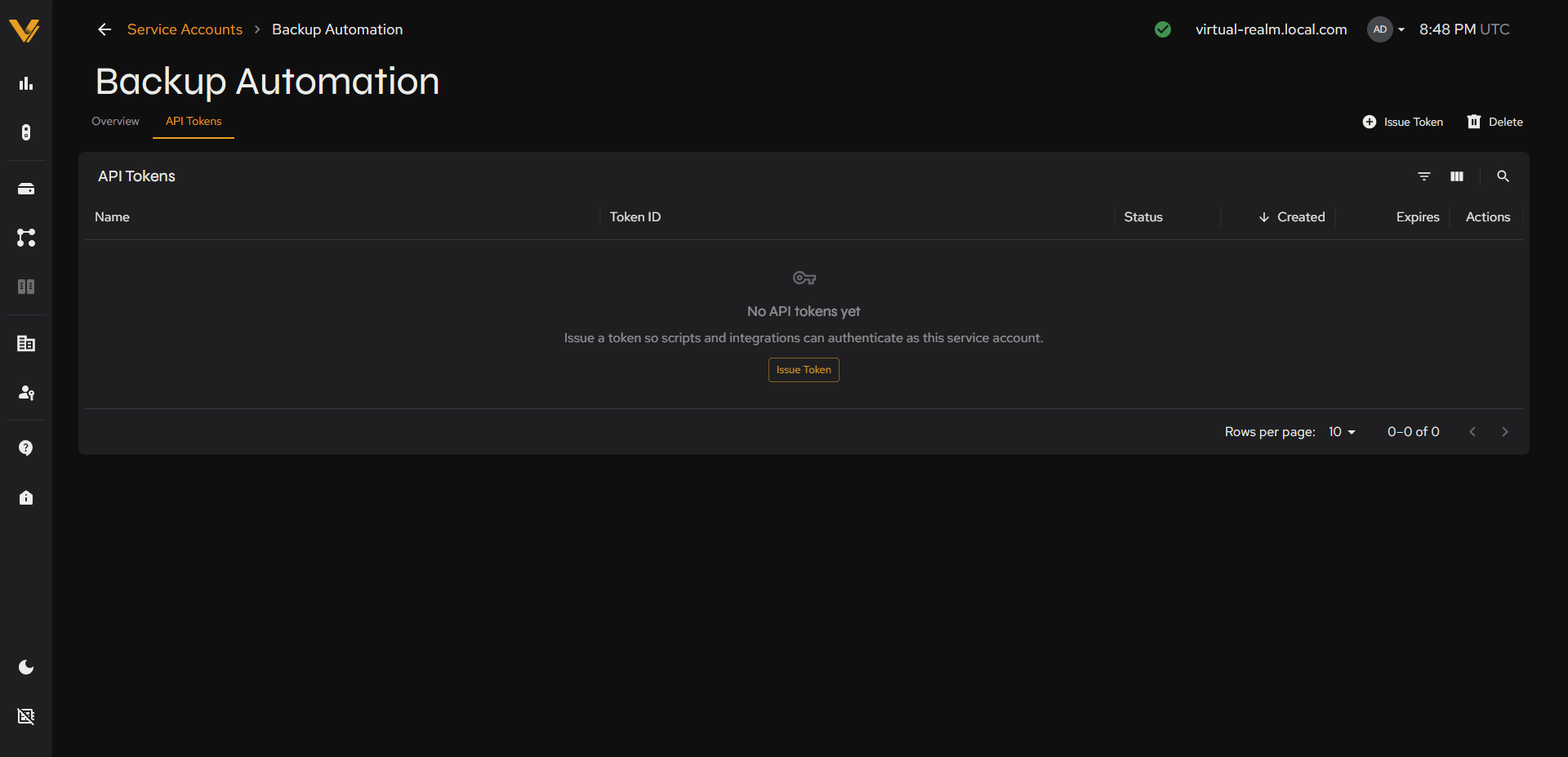 The API Tokens tab with no tokens issued