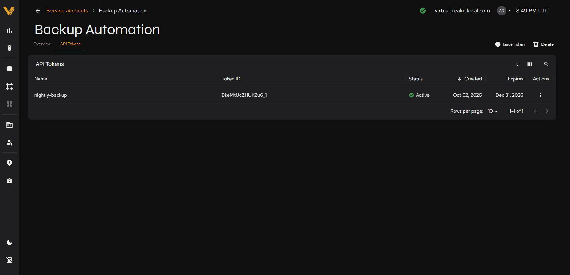 The API Tokens tab after a token has been issued