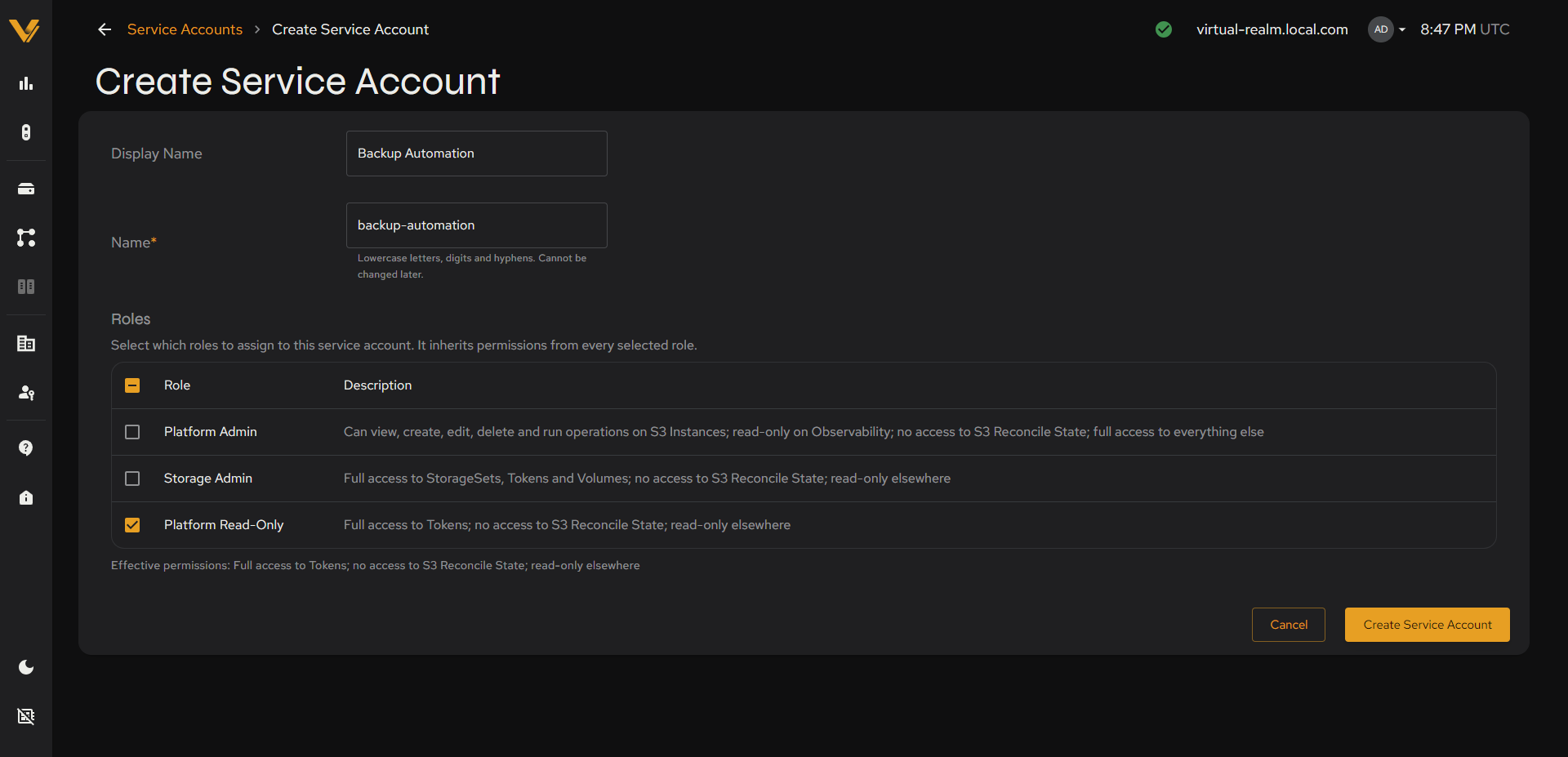 The Create Service Account form
