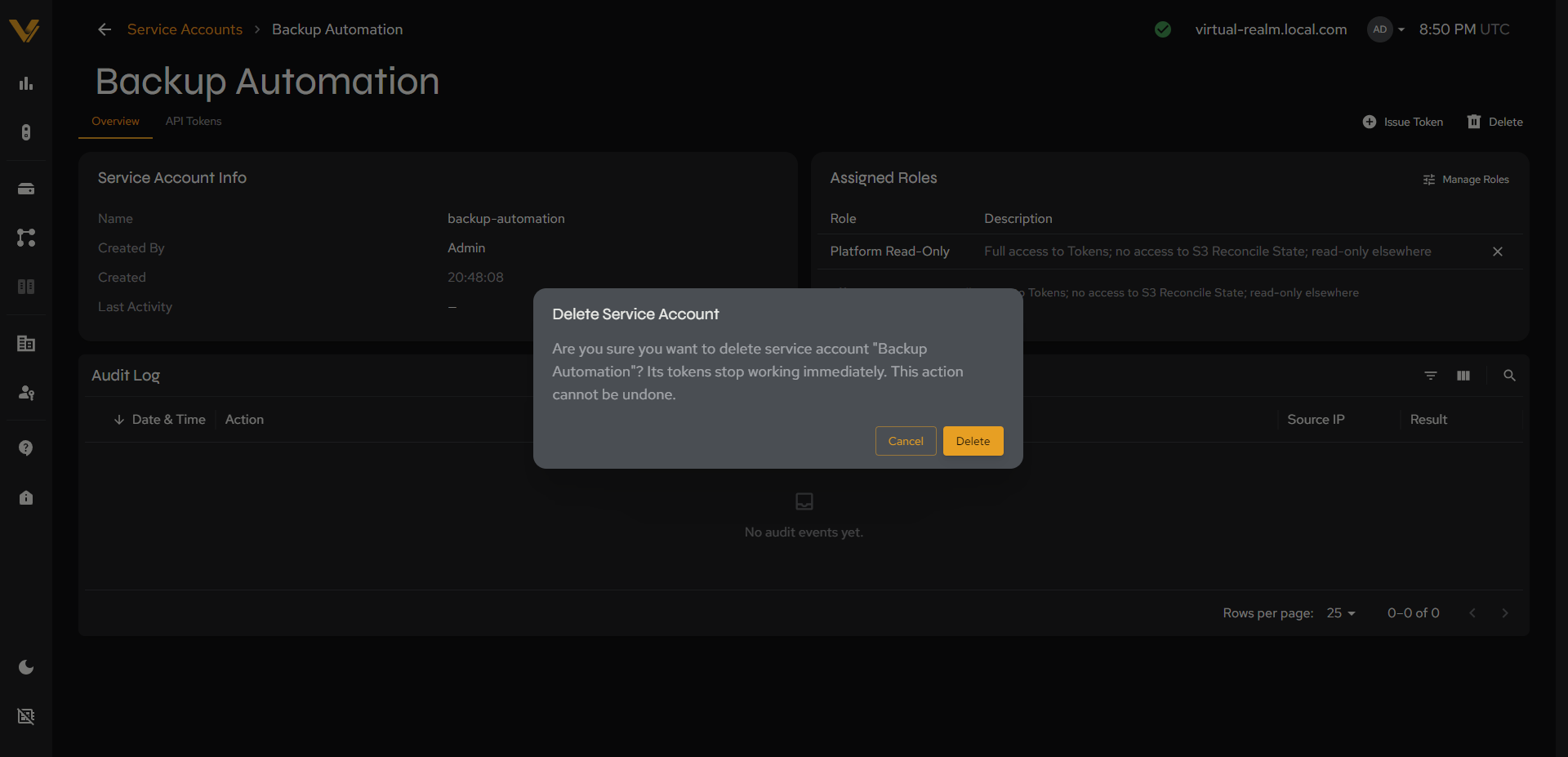 The delete confirmation modal for a service account