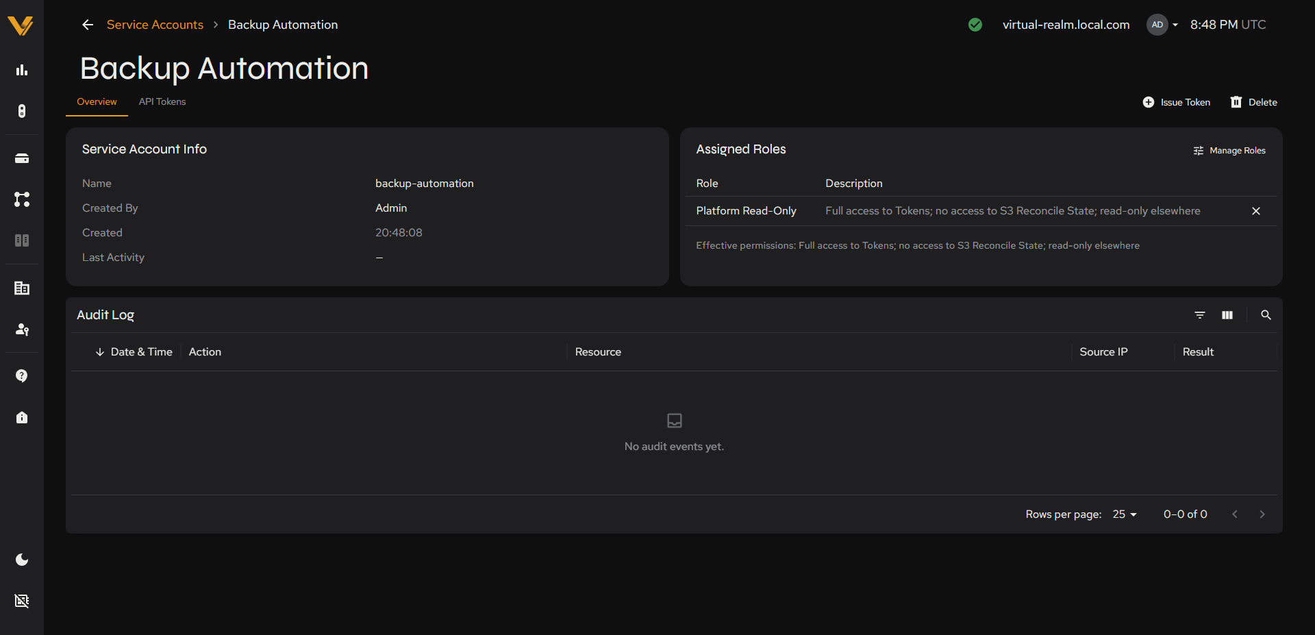 Service account detail page, Overview tab (Service Account Info/Assigned Roles/Audit Log)