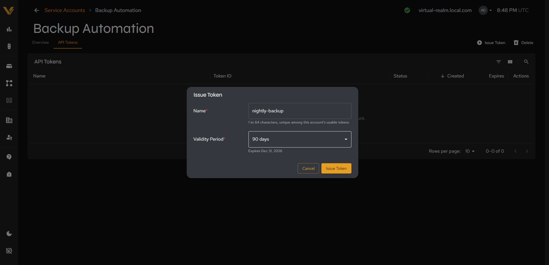 The Issue Token modal