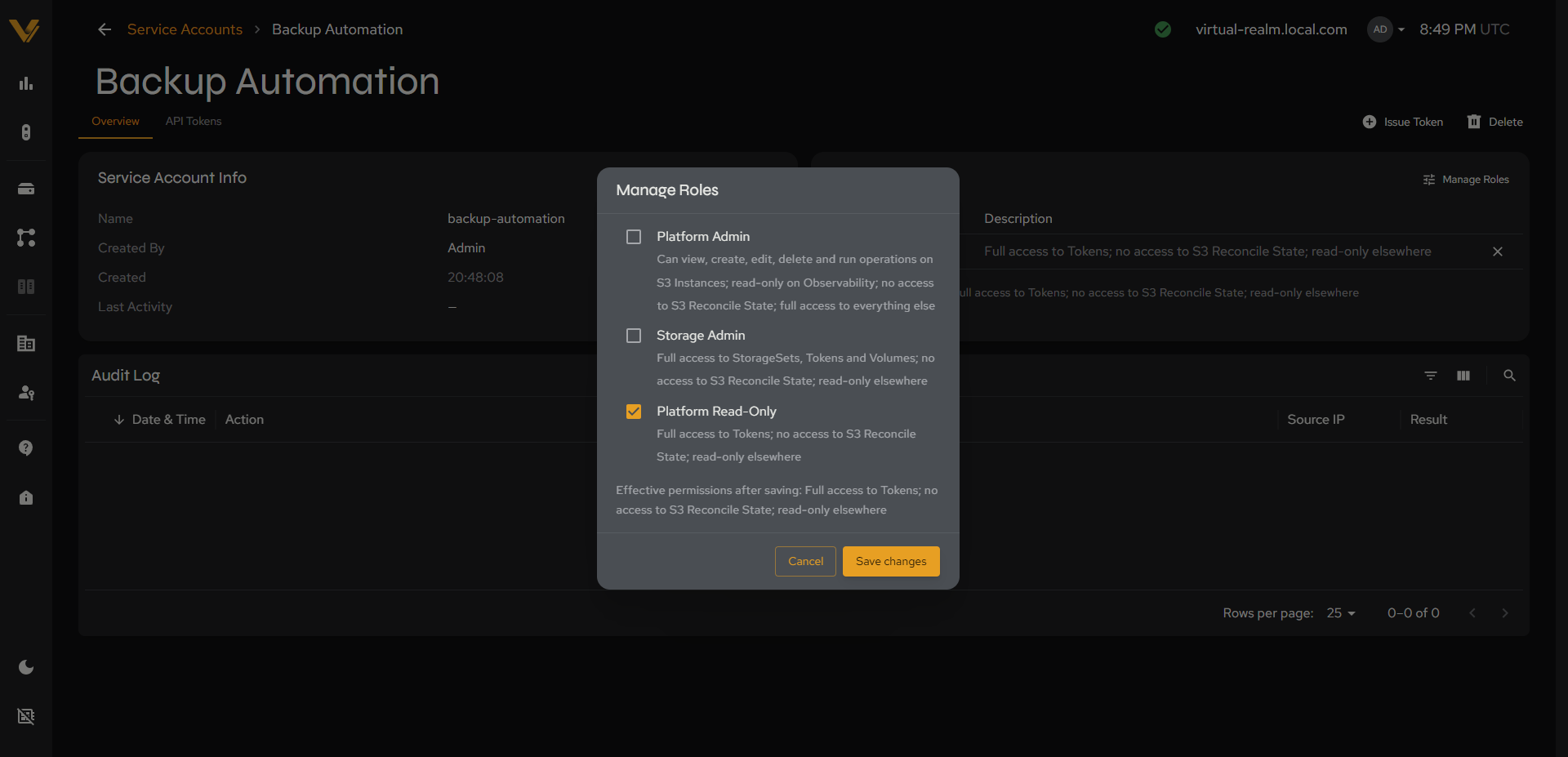 The Manage Roles modal for a service account