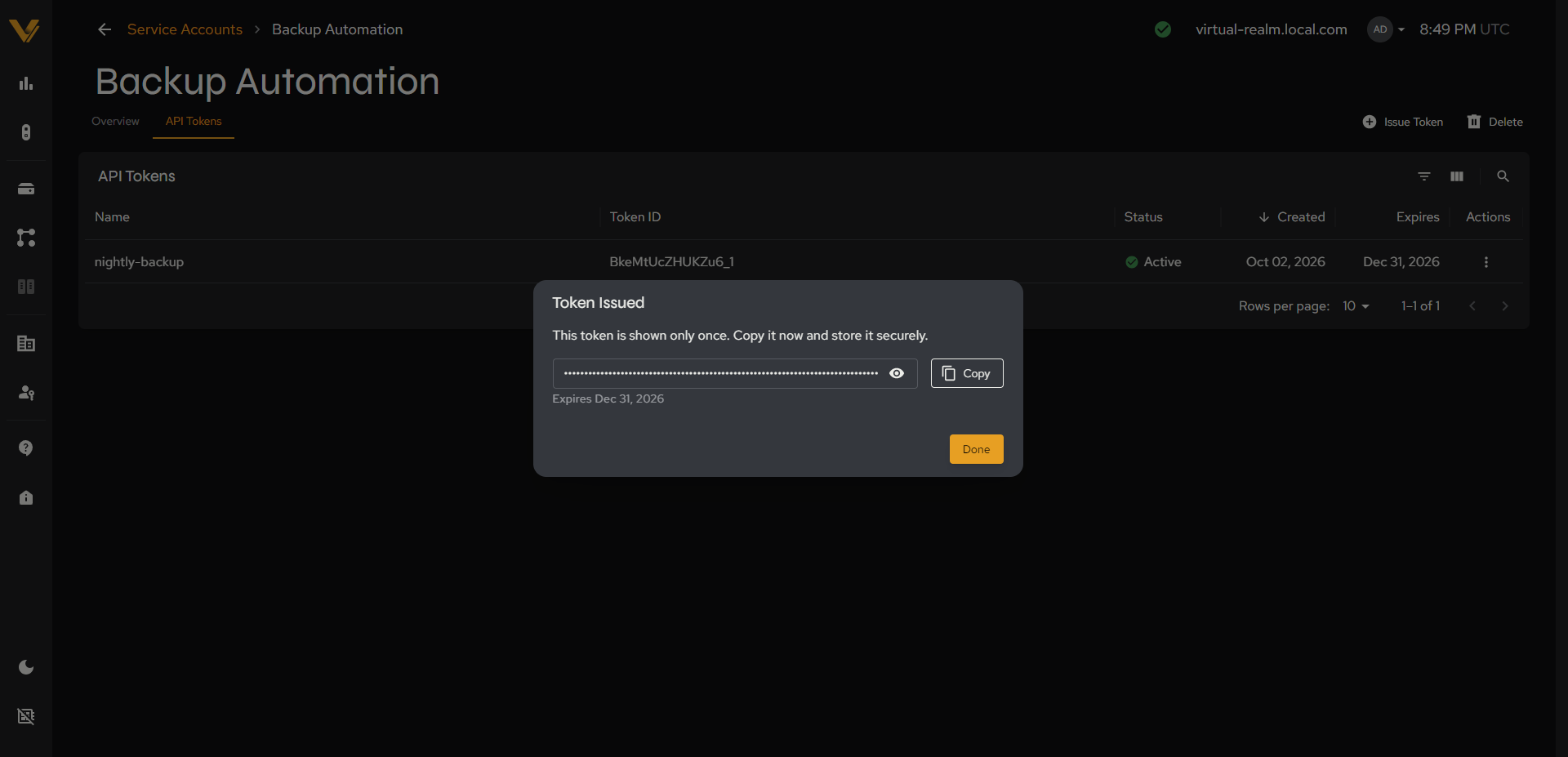 The Token Issued modal