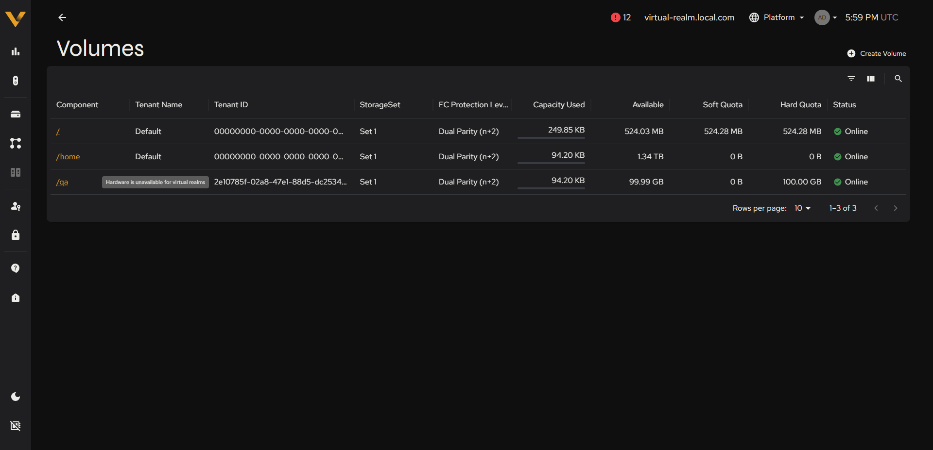 Sidebar expanded with the Hardware item’s disabled tooltip visible