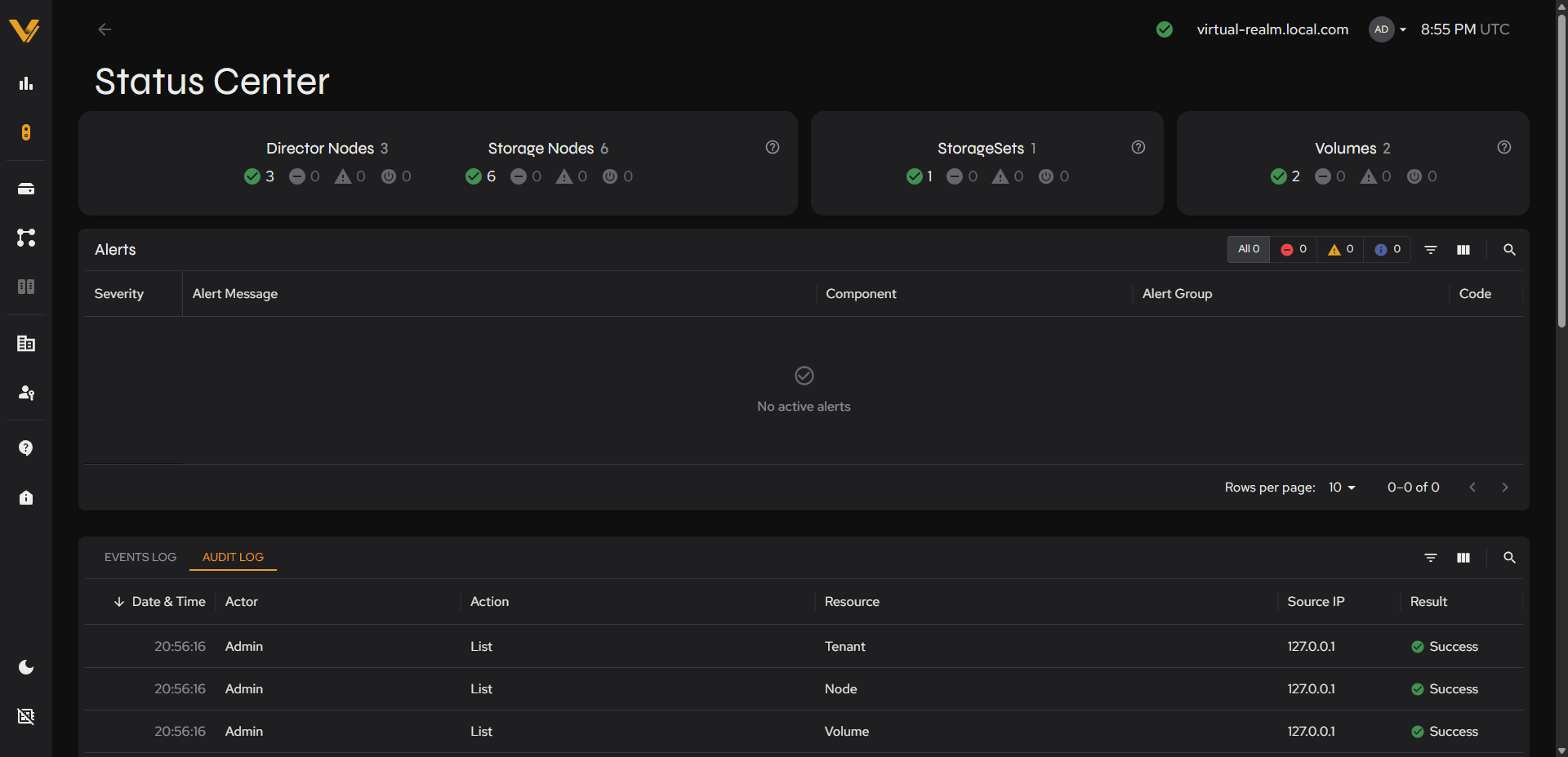 The Audit Log tab of the Status Center bottom panel