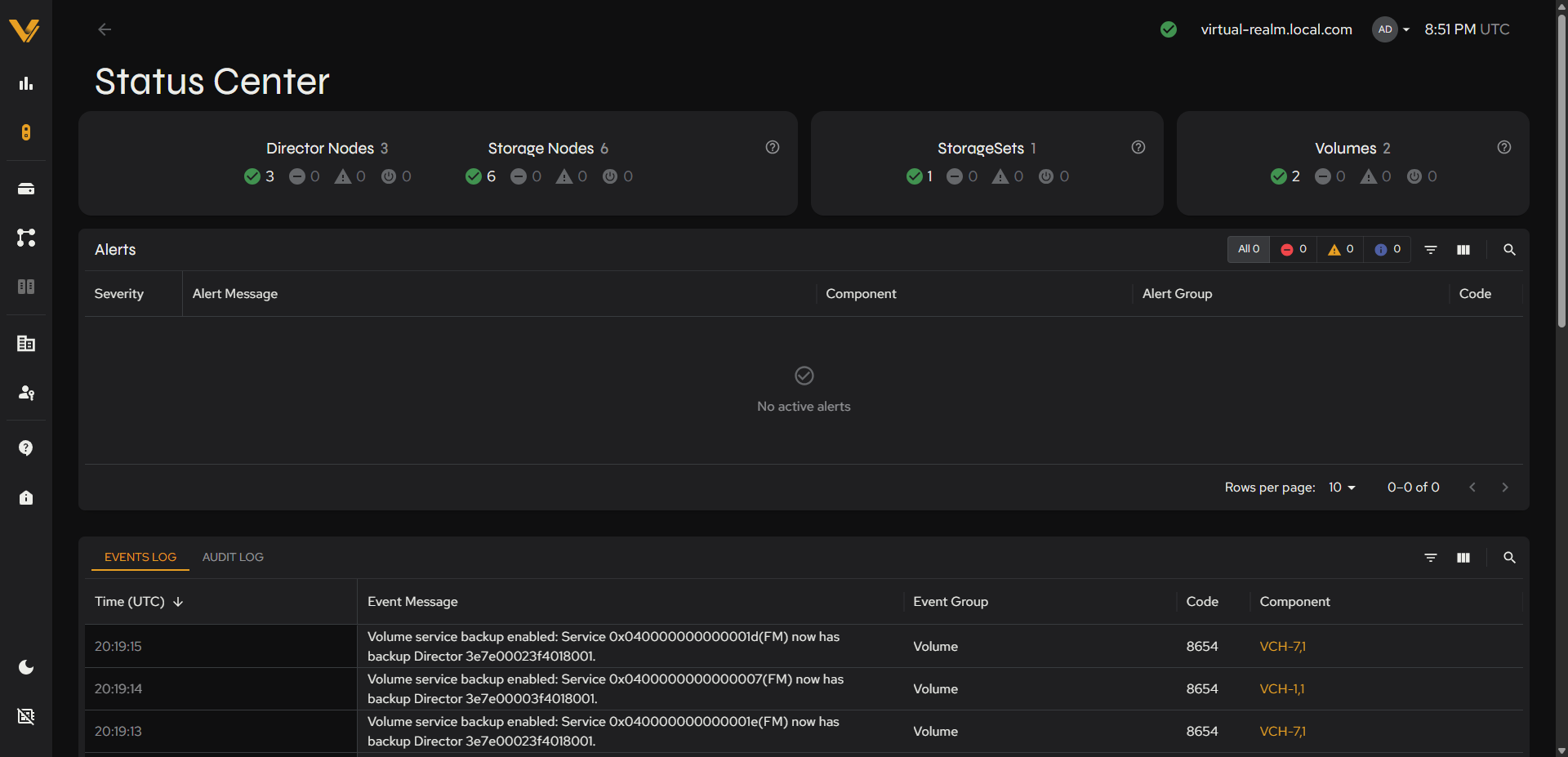 Full Status Center page: summary cards + Alerts panel + Events Log/Audit Log panel