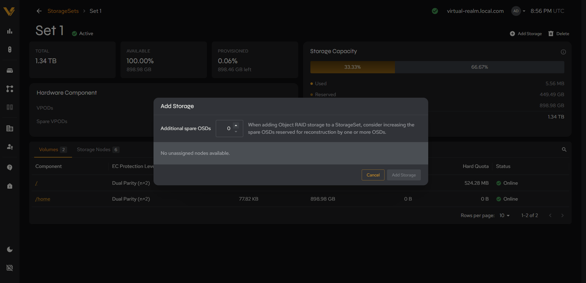 The Add Storage modal showing that there are no unassigned nodes available
