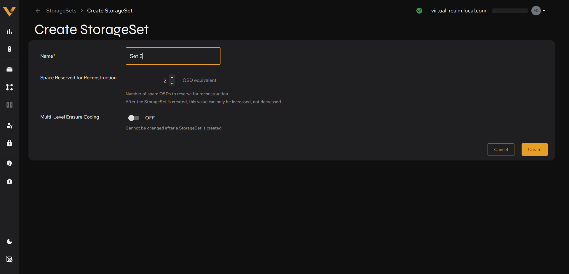 The full Create StorageSet form