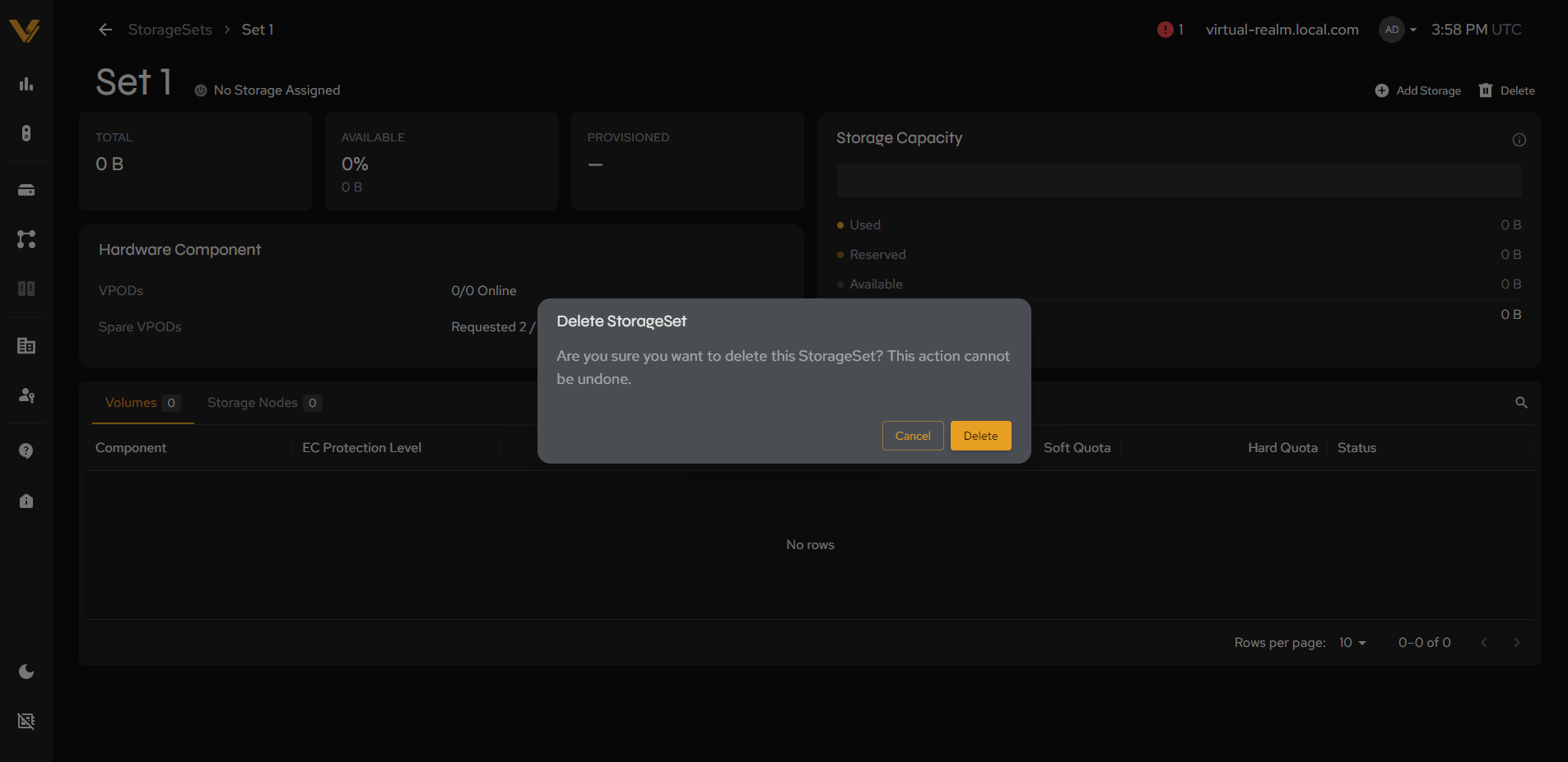 The delete confirmation modal for a StorageSet