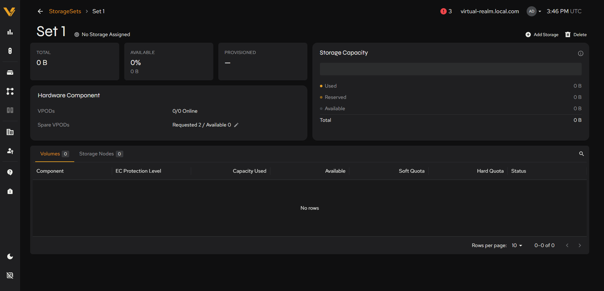 Detail page for the empty StorageSet (‘No Storage Assigned’, 0/0 VPODs)