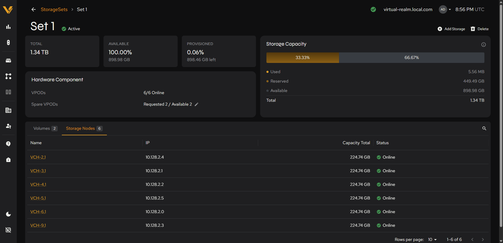Same page with the Storage Nodes tab selected