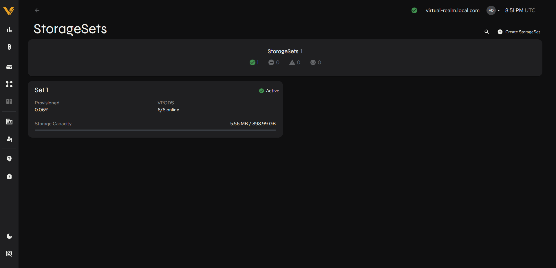StorageSets list page with a single active StorageSet card
