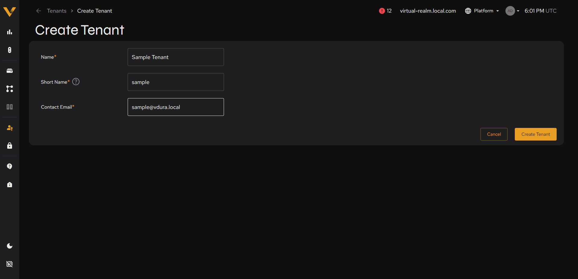 The Create Tenant form