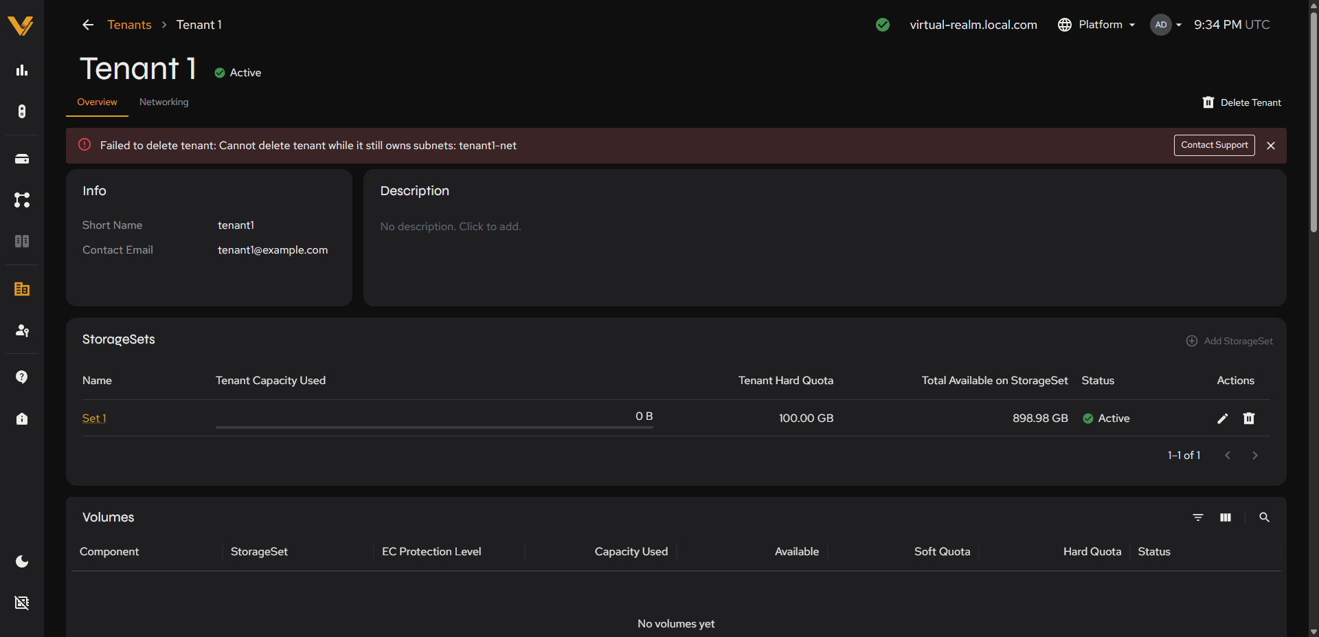 The error shown when deleting a tenant that still owns a network configuration