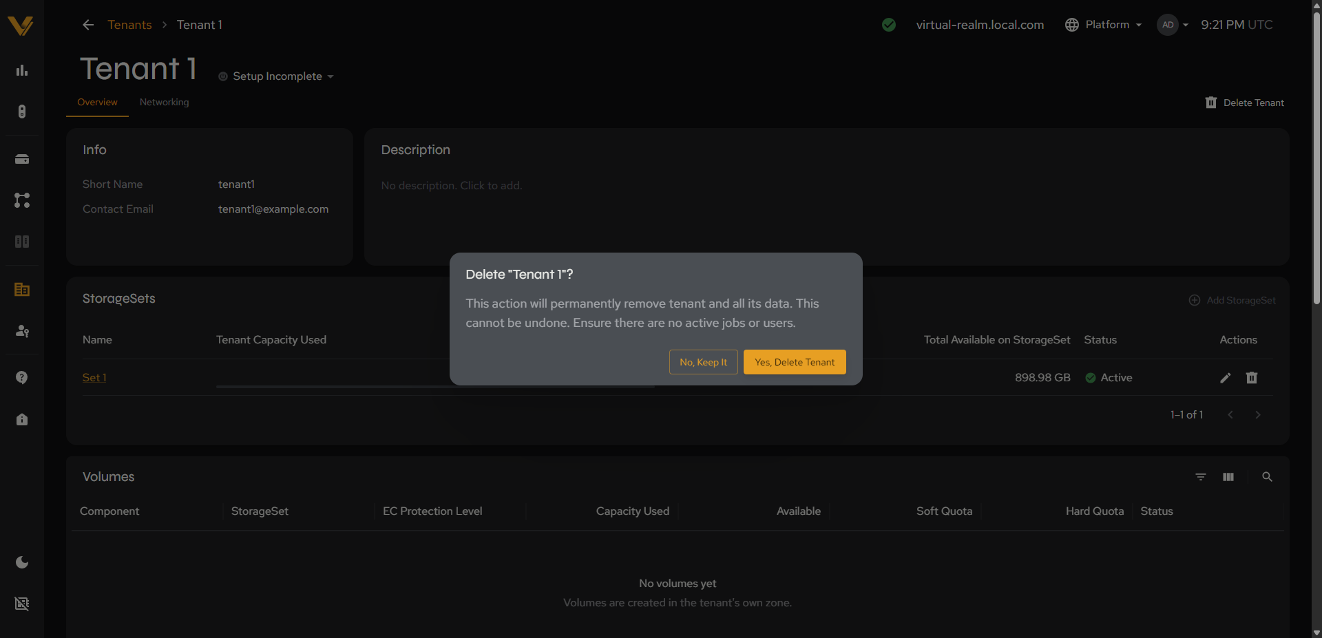 The delete confirmation modal for a tenant