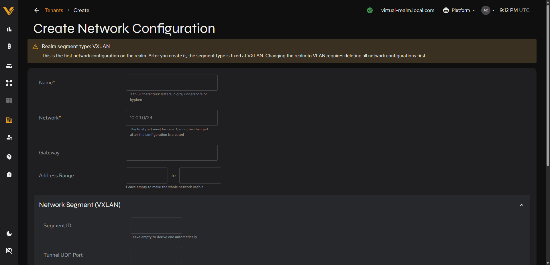 The top of the Create Network Configuration form, with the realm segment type banner