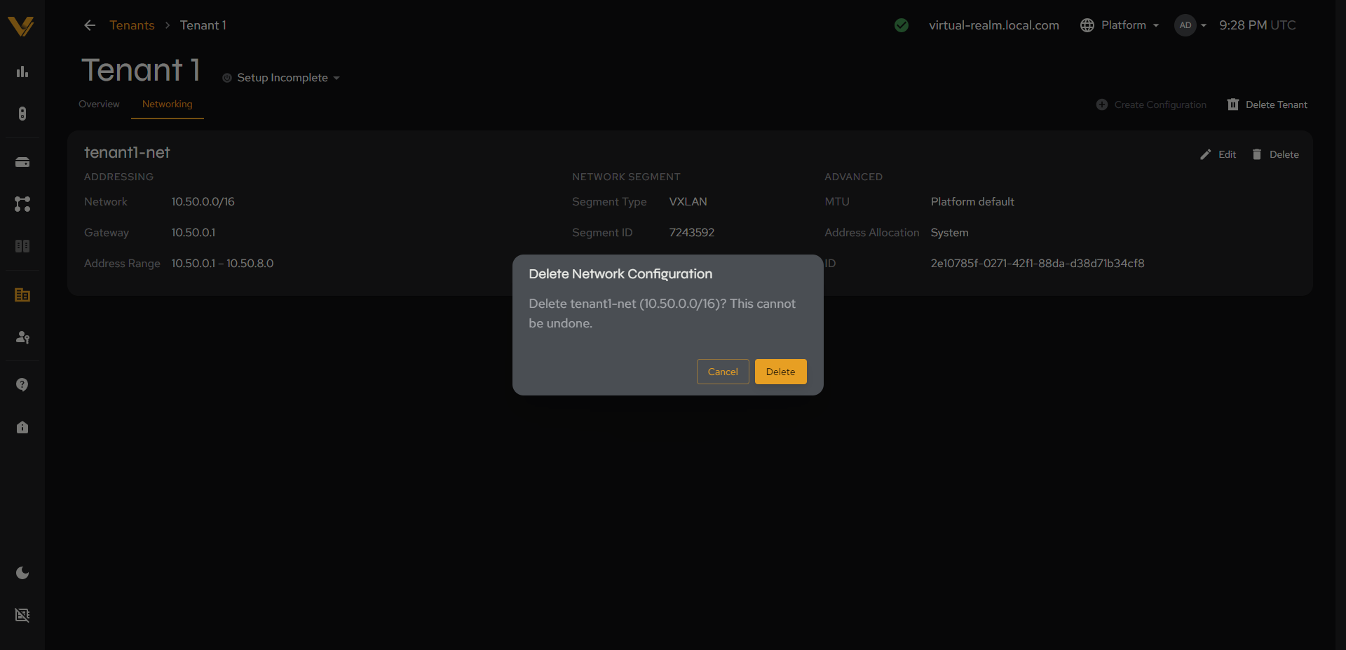 The Delete Network Configuration confirmation