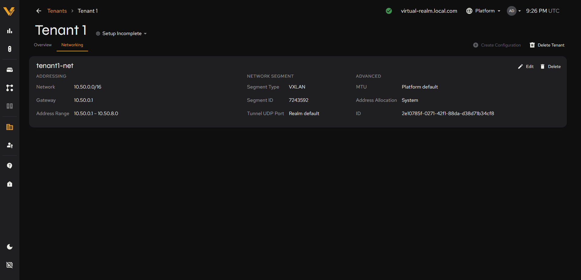 The Networking tab showing a network configuration