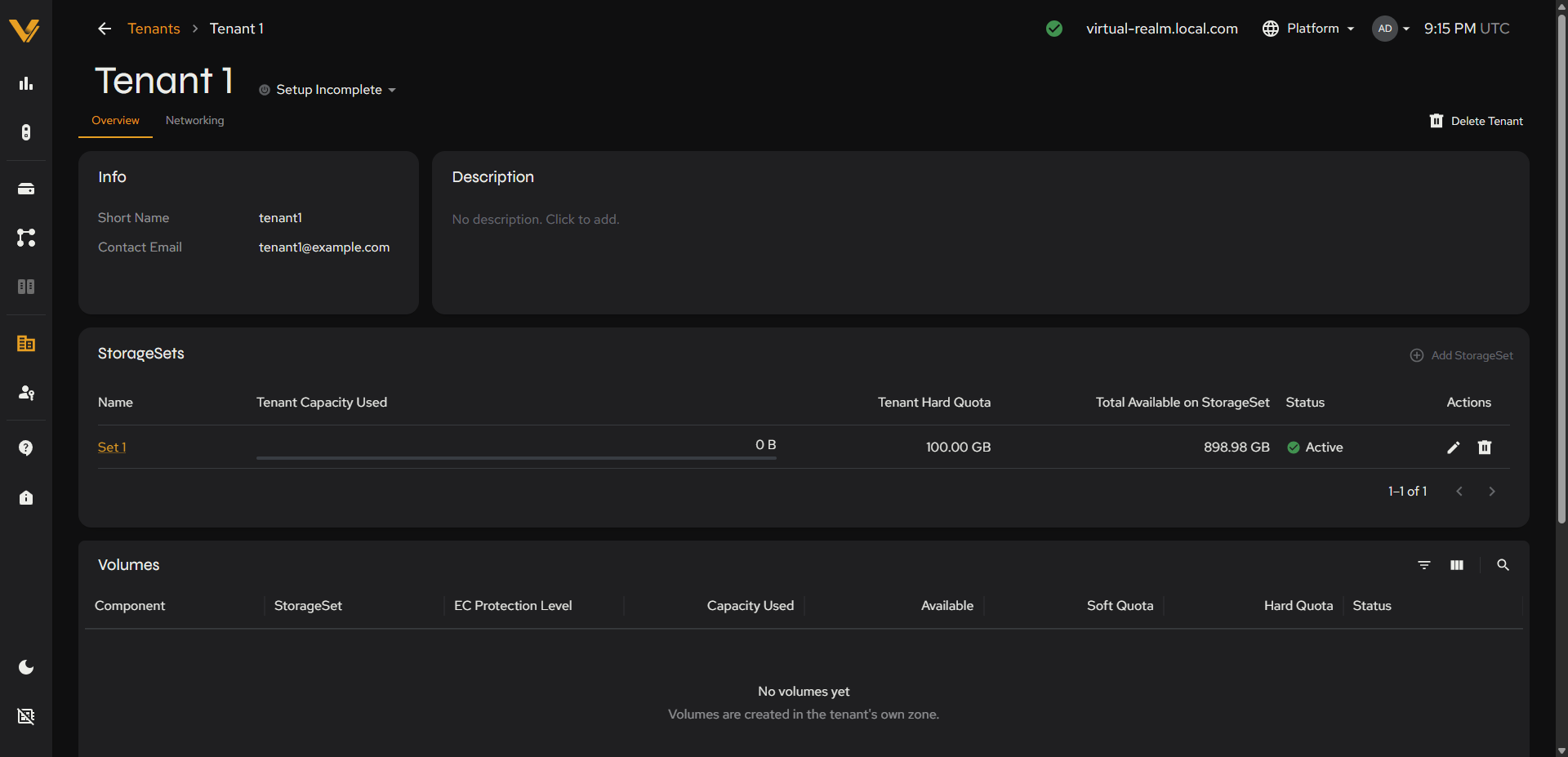 The tenant’s StorageSets table after assignment: quota shown, plus edit/delete Actions icons