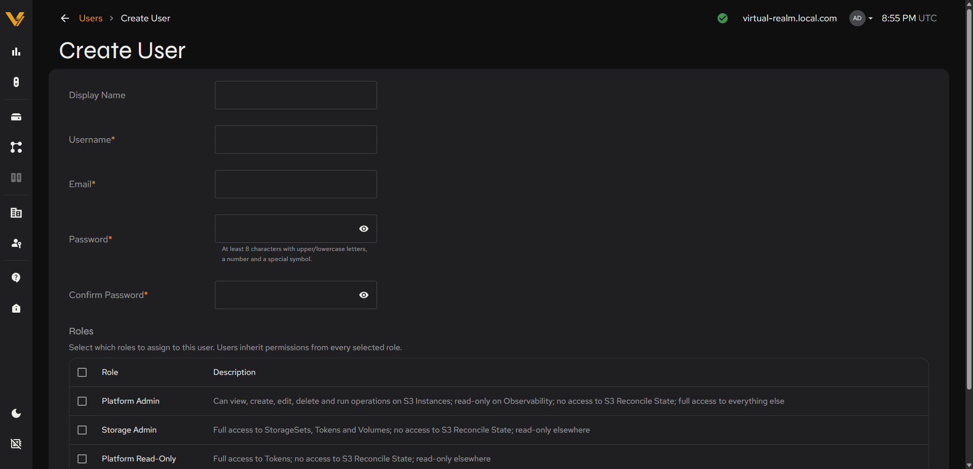 The full Create User form, including the Roles checkbox table