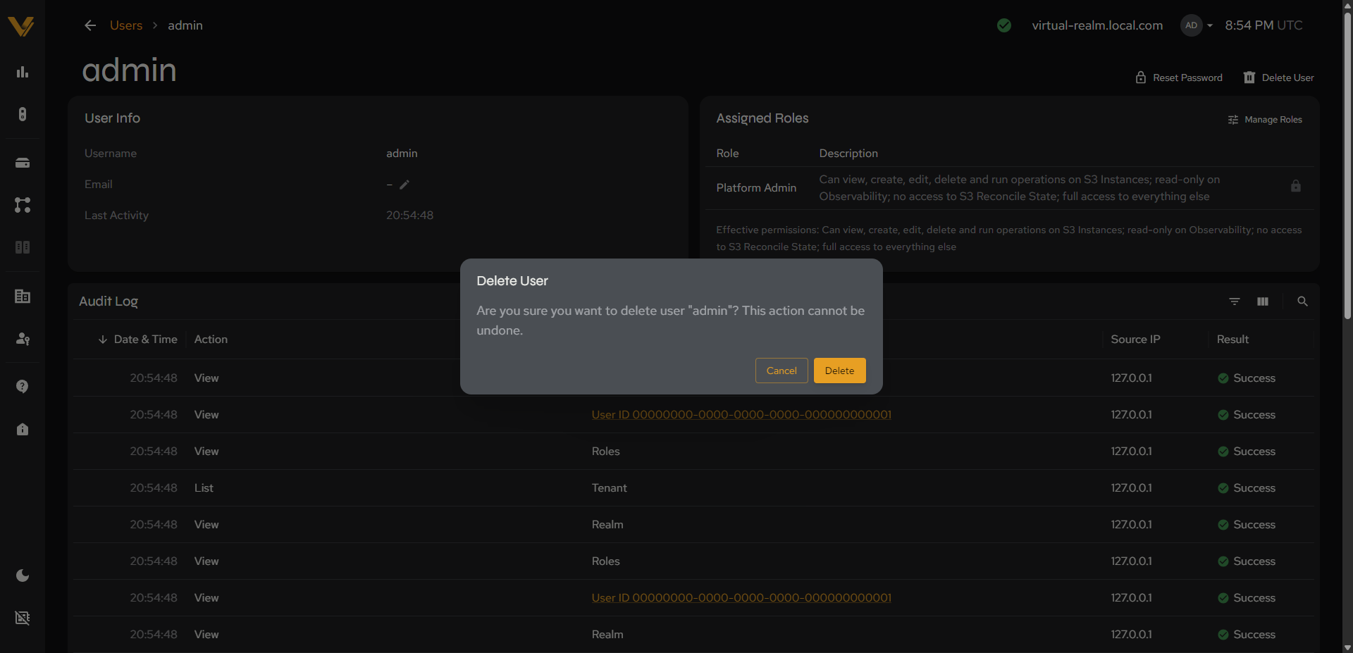 The delete confirmation modal